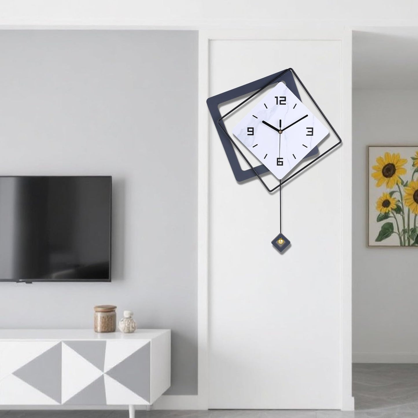 Wall Clock with Pendulum, Silent Quality Quartz Battery Operated, Metal Modern Large Wall Clocks for Living Room Kitchen Home Bathroom Bedroom Wall Decor,16x21inch(Black)