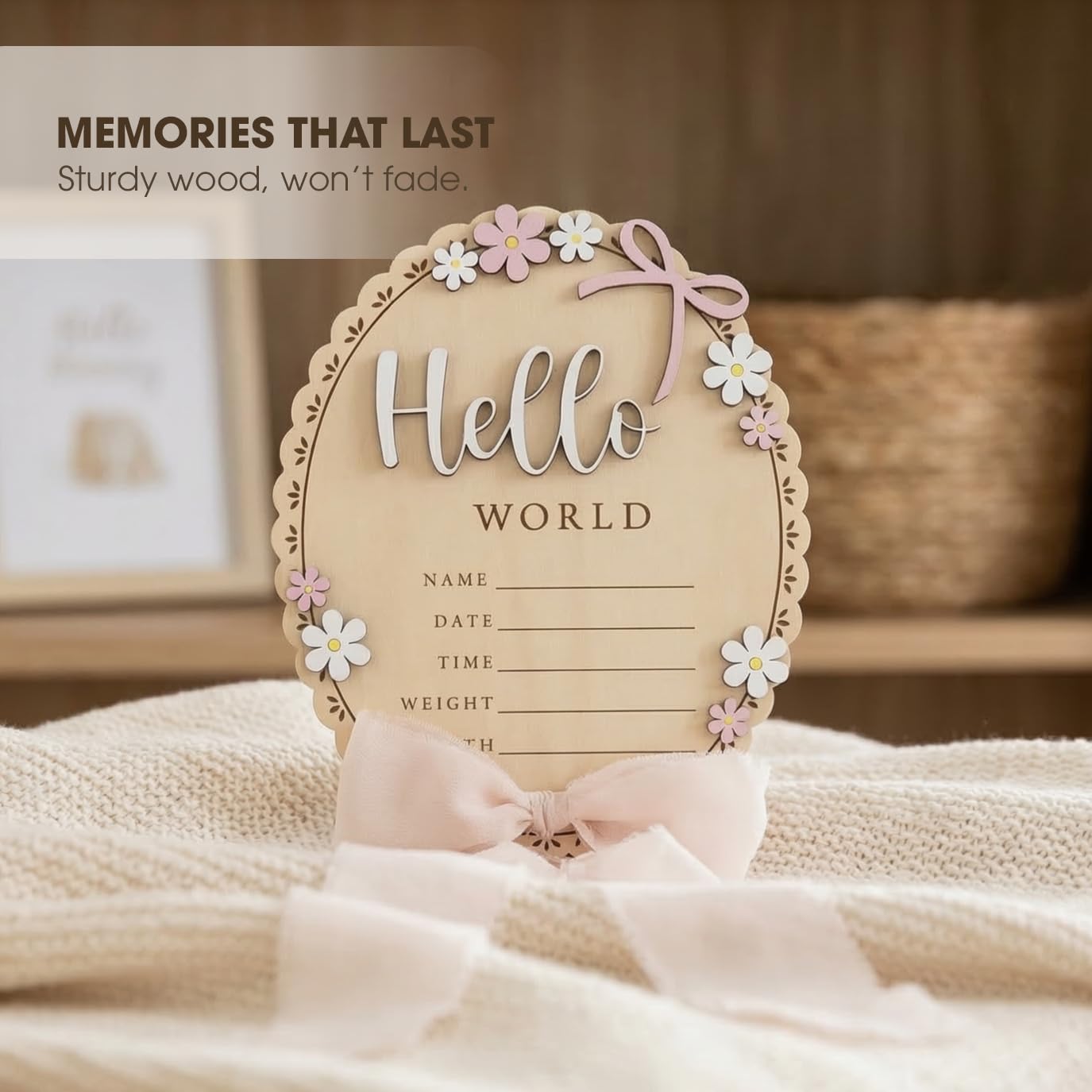 TTMerriwood Baby Announcement Sign with Stand & Marker – Hello World Wooden Name Plaque for Newborn Photoshoot, Baby Shower, Rustic Keepsake Birth Stat Sign for Hospital Birth Announcement (Light pink ribbon)