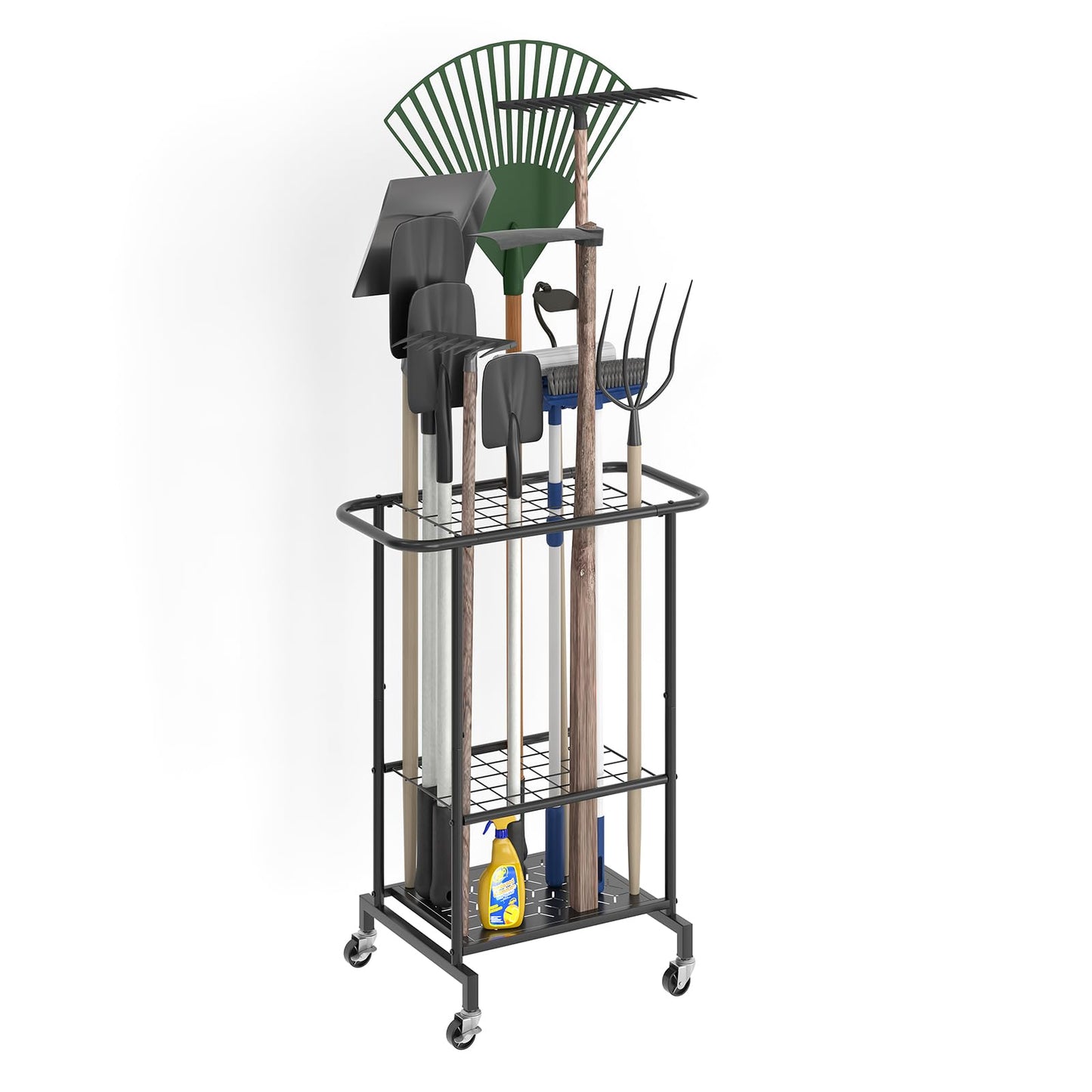 AUGOHCMIL Garden Tool Organizer with Wheels, Heavy Duty Metal Garage Tool Storage Rack, Yard Tool Holder for Long-Handled Tools, Rakes and Brooms, Indoor and Outdoor Use for Shed, Patio