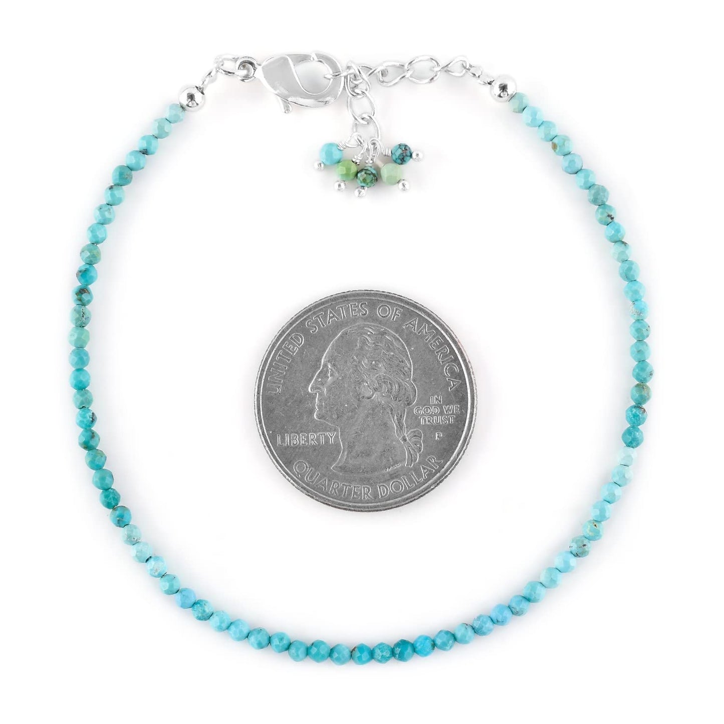 QNAVIC Real Shaded Blue Turquoise Gemstone Micro Round Beads Dainty Bangle Bracelet Jewelry for Women Healing Chakra Crystals December Birthstone Gifts Silver Plated Chain 8 inch