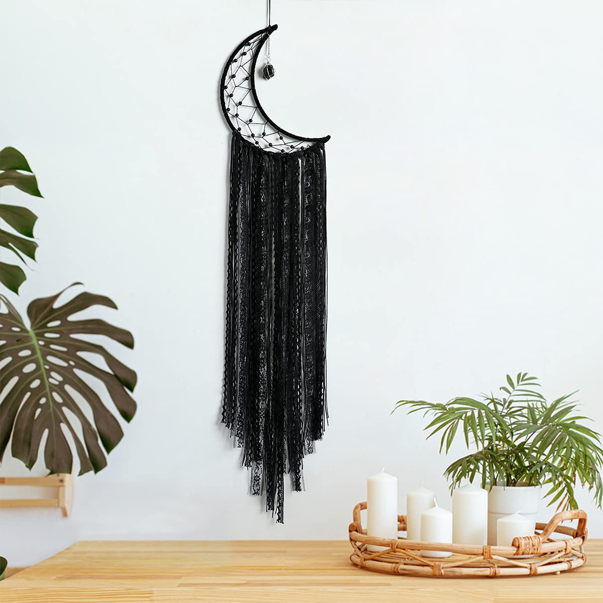 Dream Catcher Black Moon Dream Catchers with Crystal Stone, Handmade Gothic Wall Hanging, Witchy Woven Boho Decor for Bedroom Bohemian Home Decoration Ornament Craft Gift (Black)