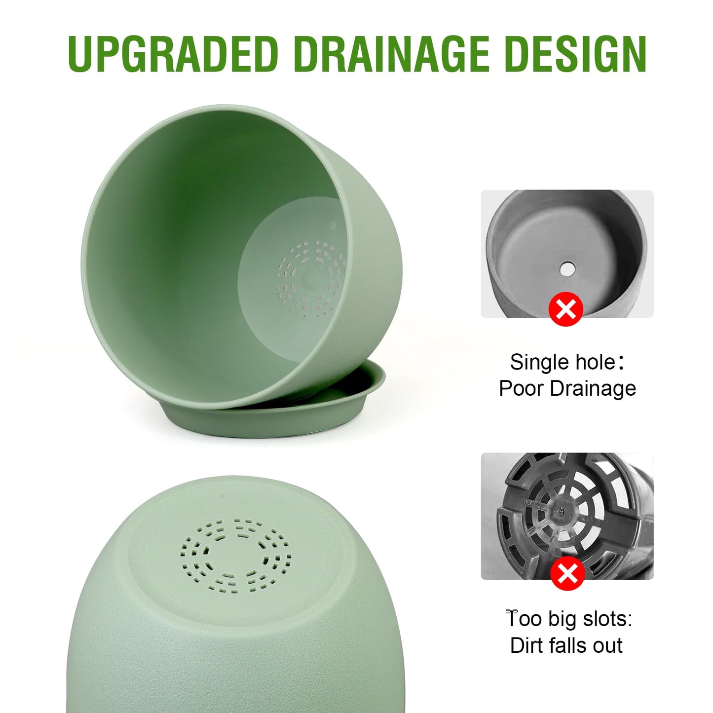 WSMKSZ Medium Plant Pots 10/9/8 inch, Flower Pots for Indoor Outdoor Plants, Set of 3 Modern Decorative Plastic Planters with Drainage Holes and Saucers for House Porch Garden Plants, Green