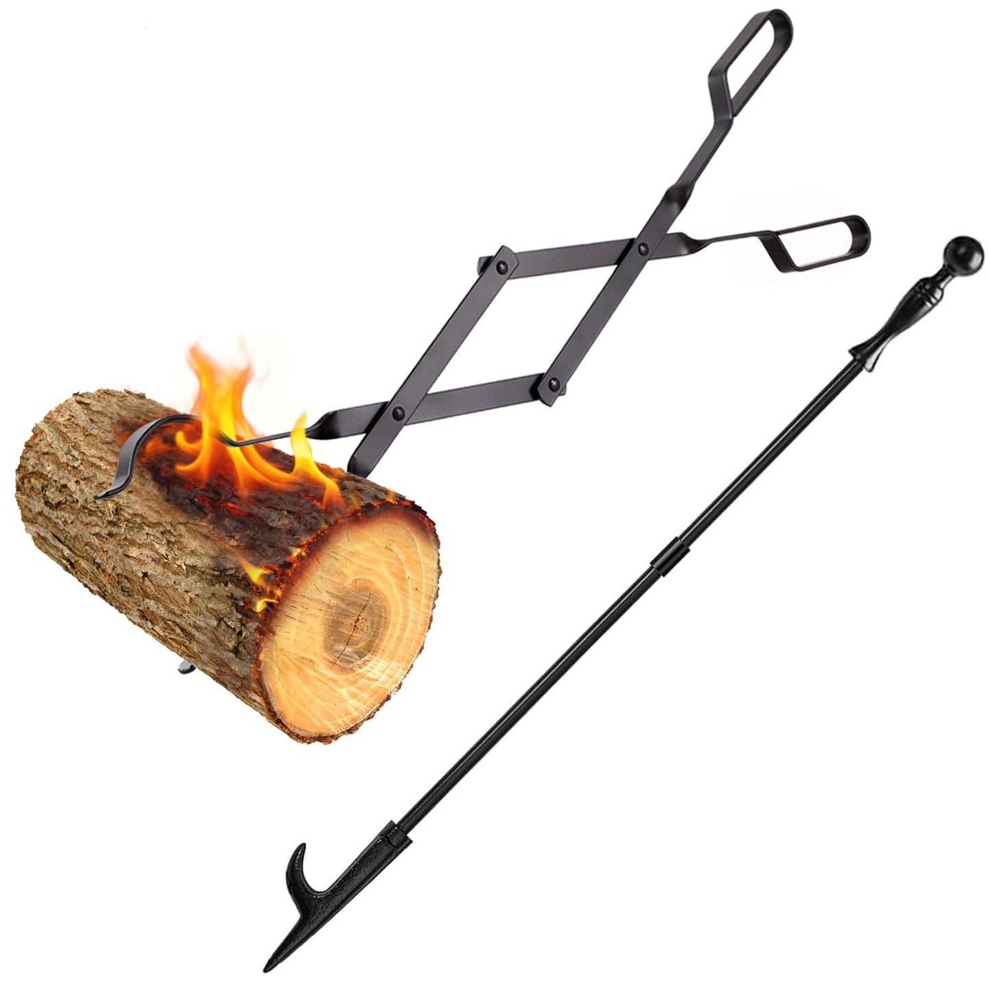 Heavy Duty 32” Long Fireplace Fire Pit Campfire Poker Stick and 26” Fireplace Tongs Tool Set Log Grabber Rust Resistant fire poker Camping Fireplace Tools for Indoor Outdoor Solo Stove Accessories