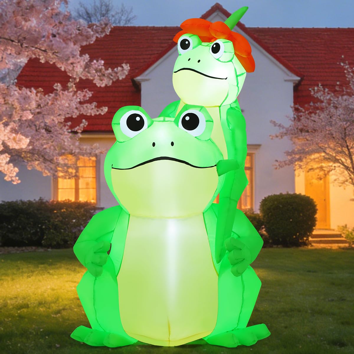 GOOSH 5 FT Summer Inflatables Frogs Decorations Blow Up Yard with Flower Built-in LEDs for Garden Lawn Indoor Party Decor