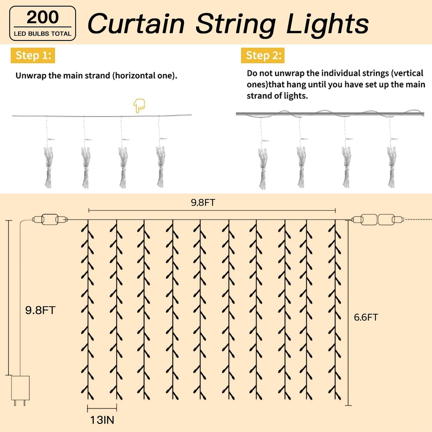 Soagrc 200 LED Curtain String Lights 9.8 * 6.6FT Plug in Fairy with Timer and 8 Modes, Waterproof Window Wall for Bedroom Wedding Party Indoor Outdoor Christmas Decor