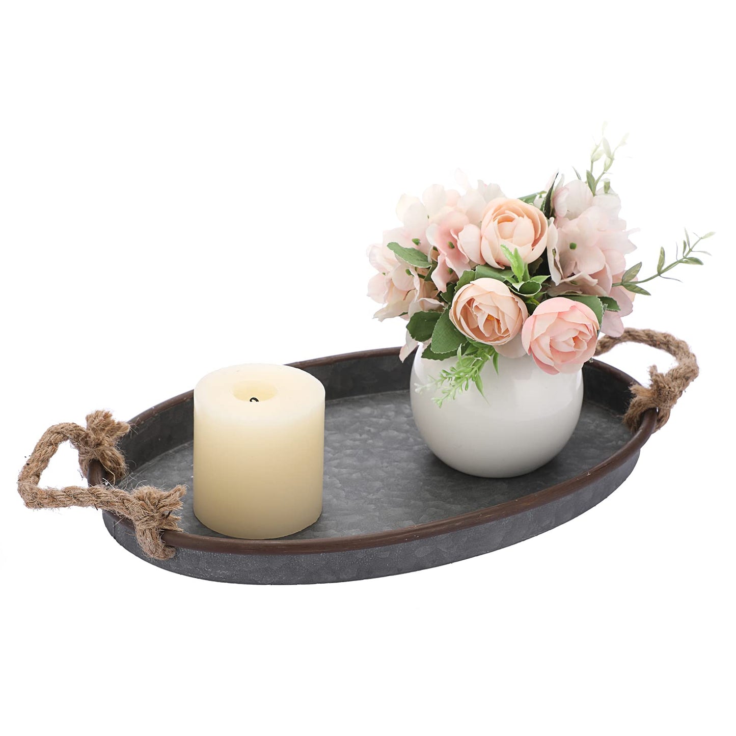 Hipiwe Galvanized Metal Iron Oval Tray with Rope Handle Farmhouse Serving Tray Rustic Industrial Decorative Centerpiece for Coffee Table Weddings and Parties Decor,Small
