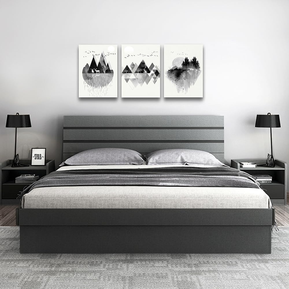 DZRWUBHS Large Abstract Wall Art - 3 Pieces, Black And White Mountain Geometric Wall Painting For Living Room, Office, Bedroom Decor