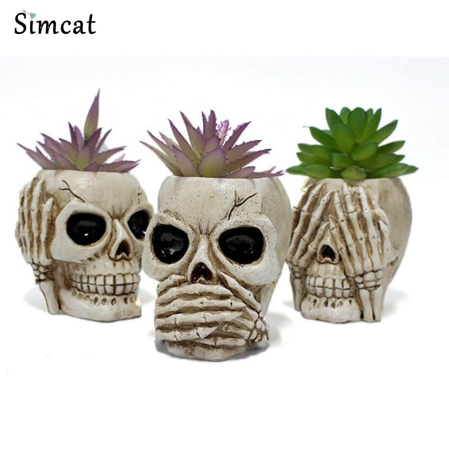 Simcat Succulent Pots with Drainage Mini Creative Skull Decor Resin Flower Pot 3 Cactus Planter Pots Succulent Plant Pots + Removable Drainage Stopper for Home Office Desktop Windowsill Décor