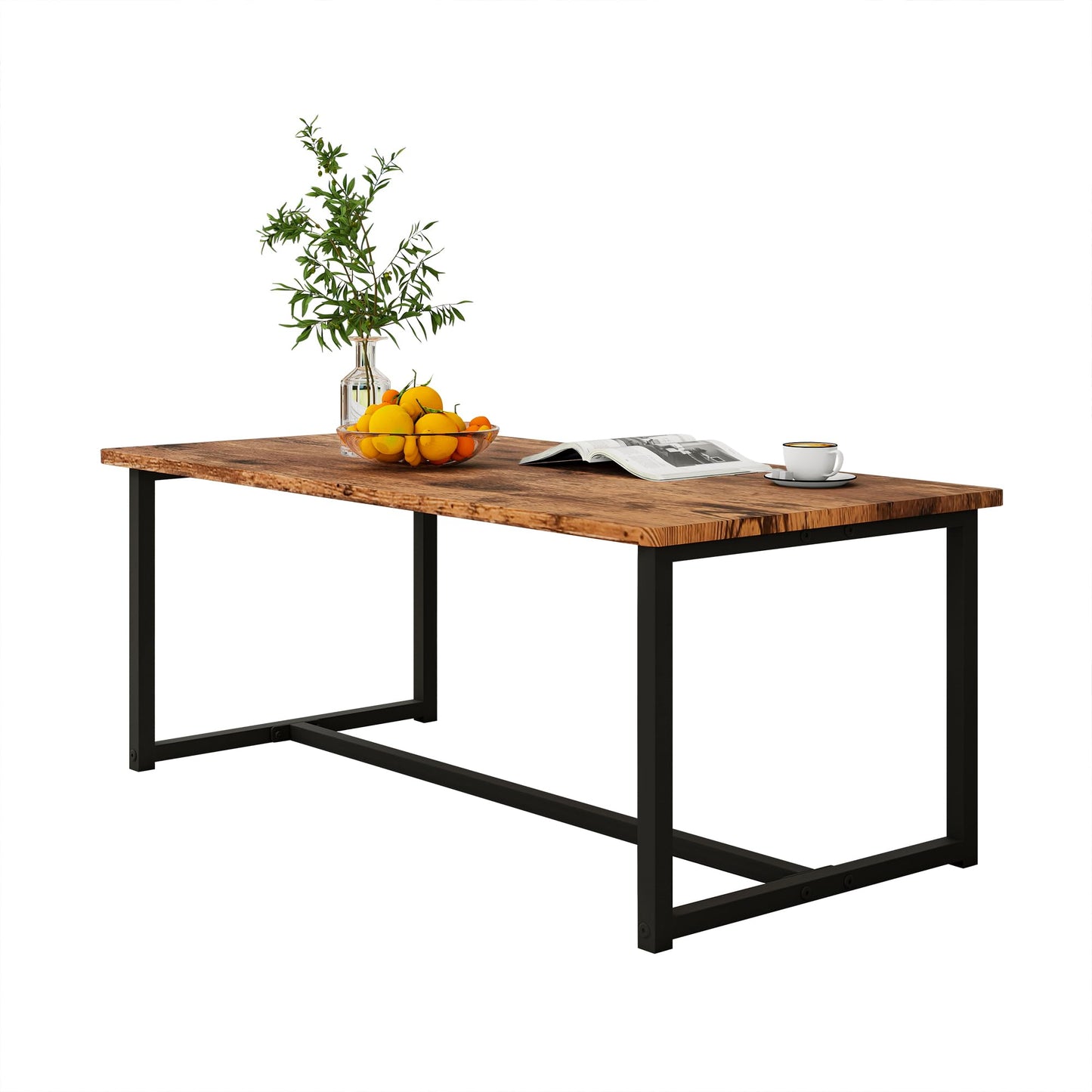 JUISSANO Coffee Table Rectangular Center Table for Living Room Open Space Side Table with Metal Frame, Easy Assembly, Black+ Rustic Brown Wood Coffee Table