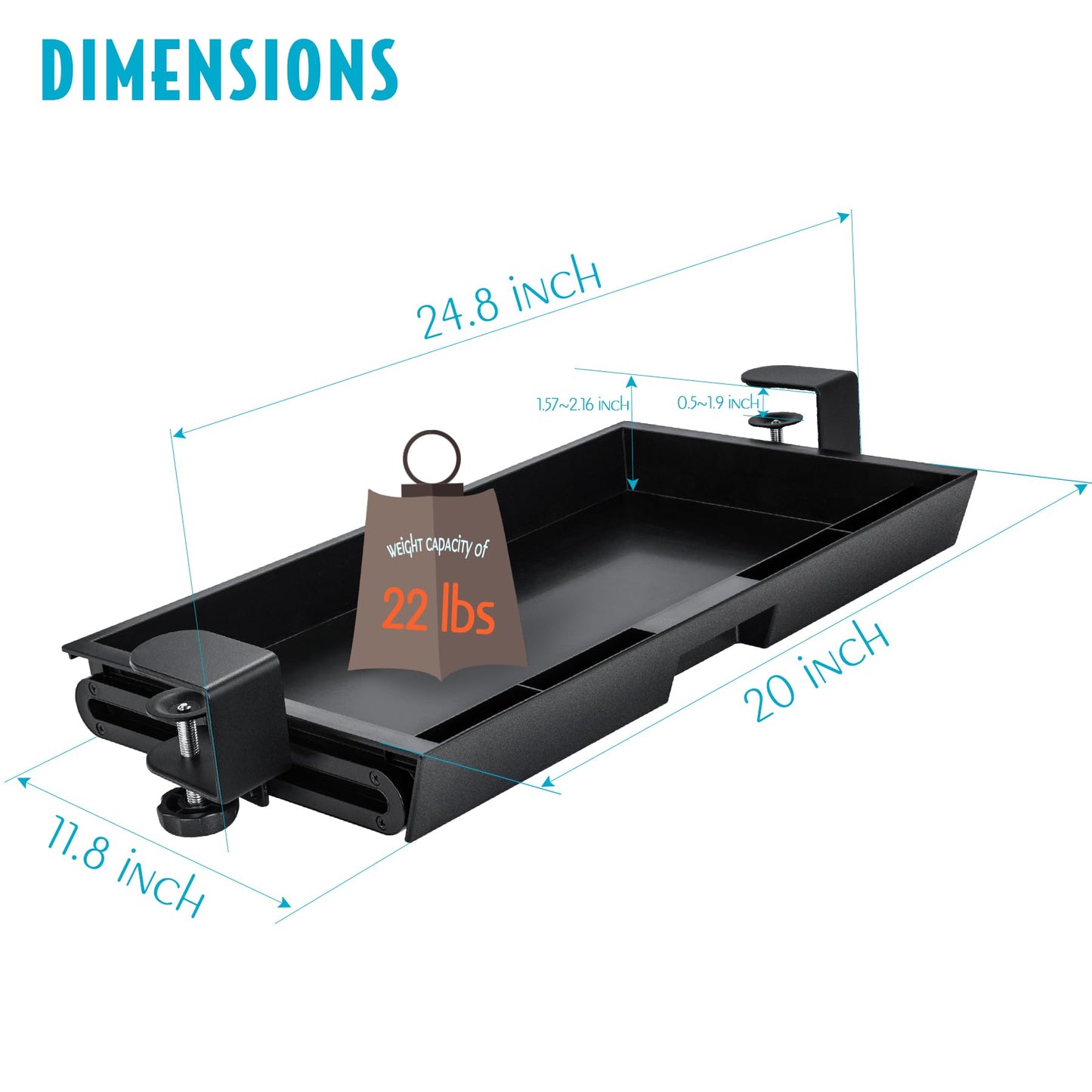 EHO Under Desk Slide-Out Storage Drawer, Large 20" x 11.8" Clamp-On Pull-Out Organizer with Adjustable Height, Space-Saving Tray for Office Supplies and Accessories, TAA-Compliant