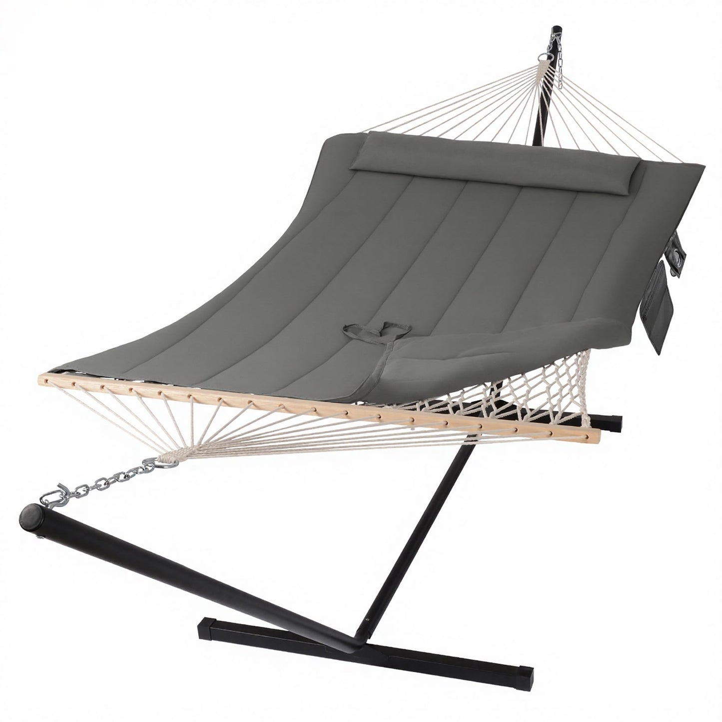 SUNCREAT Double Outdoor Hammock with Stand, Two Person Cotton Rope Hammock with Polyester Pad, Dark Gray