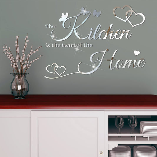 Kitchen Wall Stickers Kitchen The Heart of The Home 3D Acrylic Mirror Wall Decal Removable Quotes Sign Butterfly Heart Saying Decals DIY Art Decoration for Home Dining Room