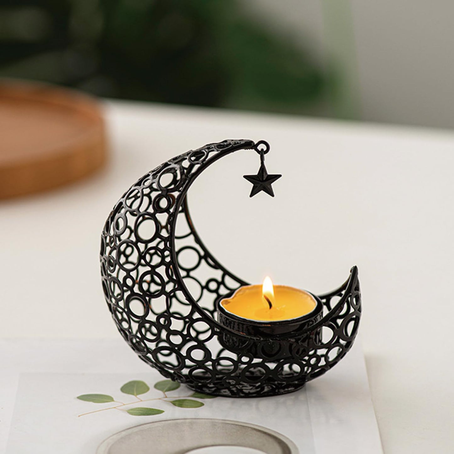 COMZPLIFE Moon Tea Light Candle Holder, Black Metal Decorative Candle Stand for Home Decor, Gift