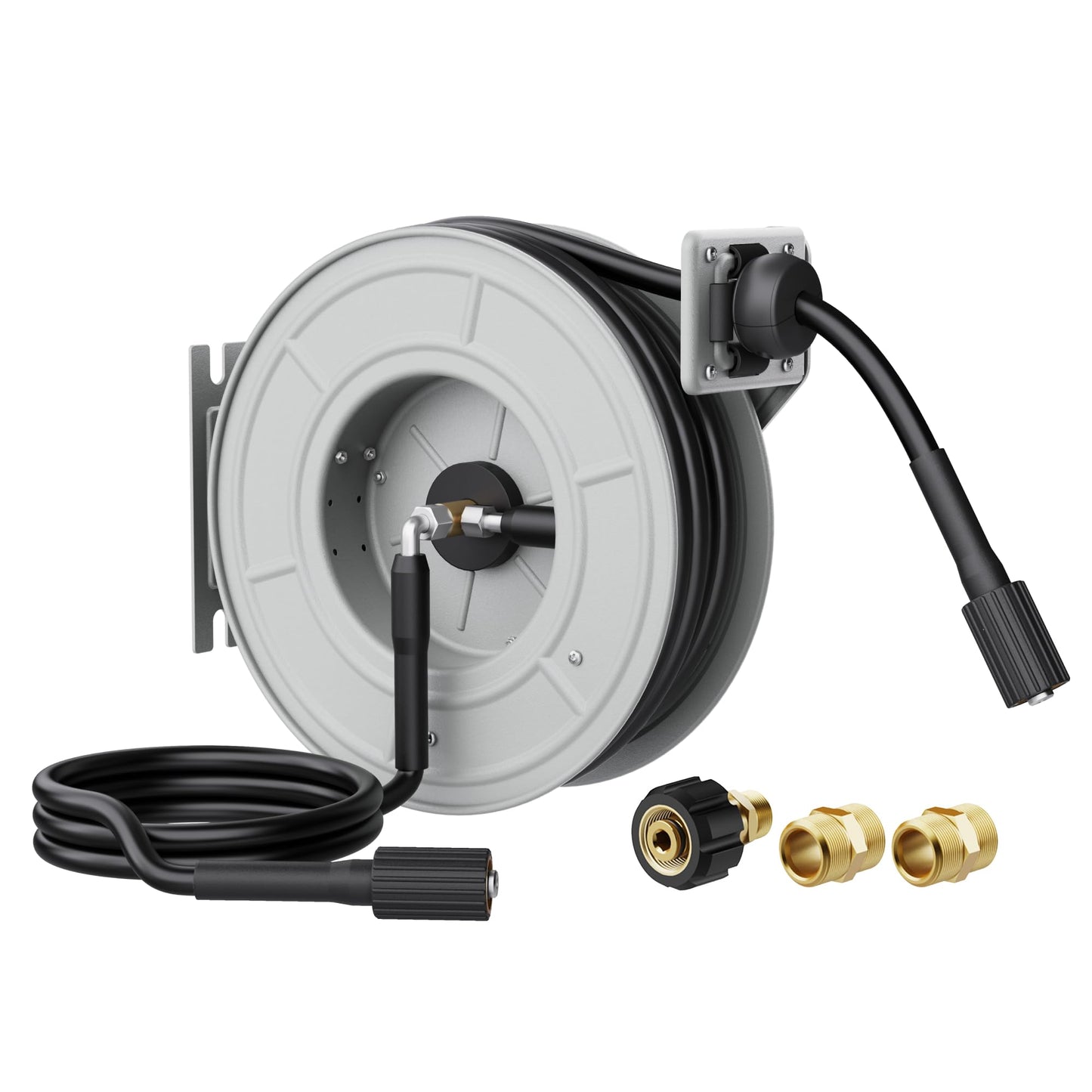 Giraffe Tools Pressure Washer Hose Reel 65ft, 3200 PSI Power Washer Hose Reel, Pressure Washer Retractable Hose Reel, Heavy Duty, Wall/Floor Mounted, Silver