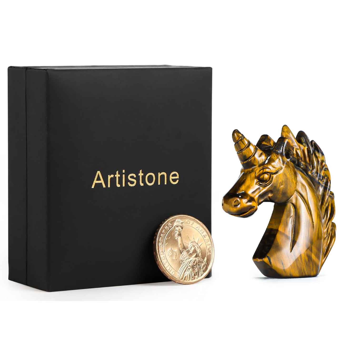 Artistone Fairy Unicorn Statue Crystal Figurines Home Decor Tiger Eye Animal Carvings Collection Reiki Gifts Gemstone Paperweight Unicorn Sculpture Stone Ornament