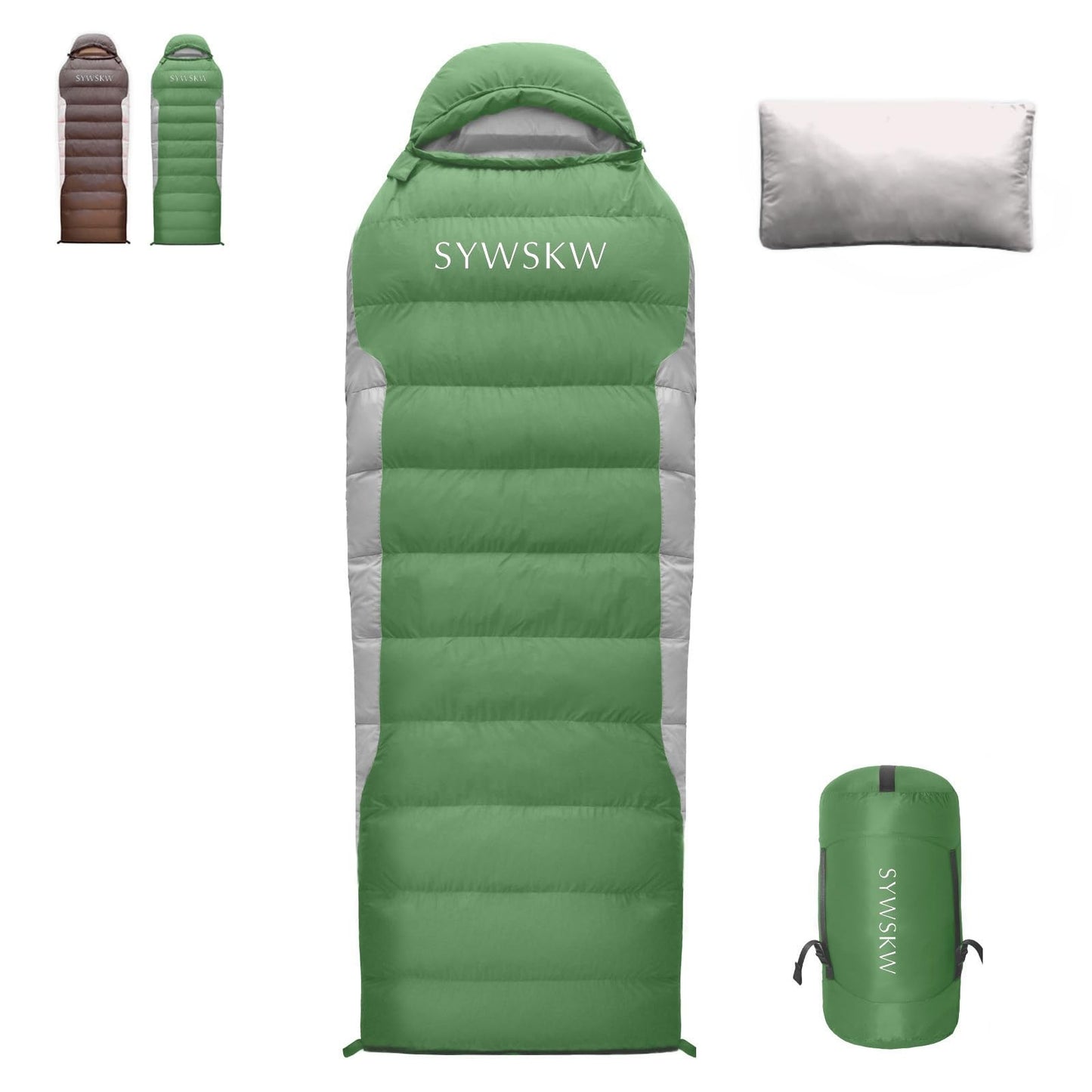 SYWSKW Ultralight Down Sleeping Bag with Pillow,15°F 32°F 46°F Sleeping Bag for Women,Men,Youth Backpacking,Hiking and Camping Outdoor with 680FP Duck Down (Green, 500g Down Filling)