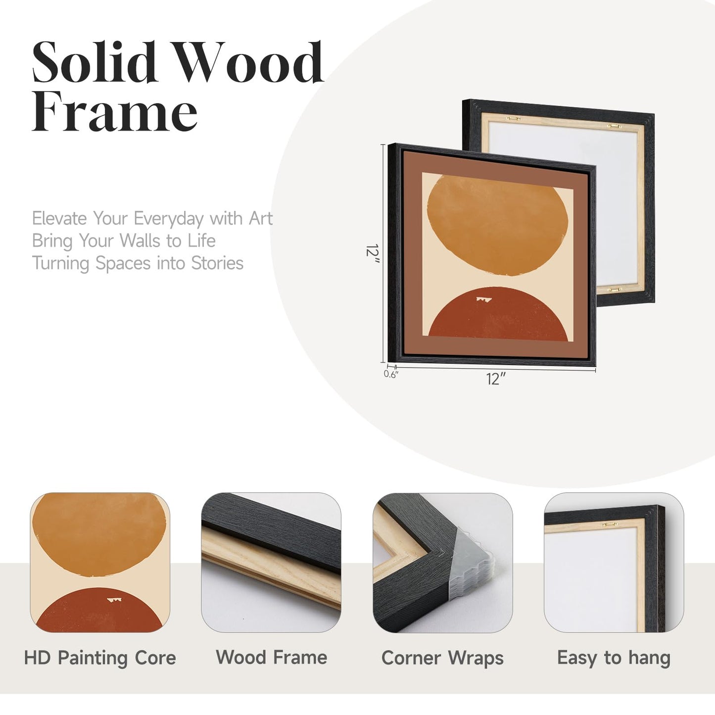 4 Piece Framed Abstract Boho Wall Art Set, Modern Mid Century Canvas Picture Wall Decor, Minimalist Geometric Orange and Brown Paintings Prints for Living Room Bedroom Hallway, 12x12 Inch