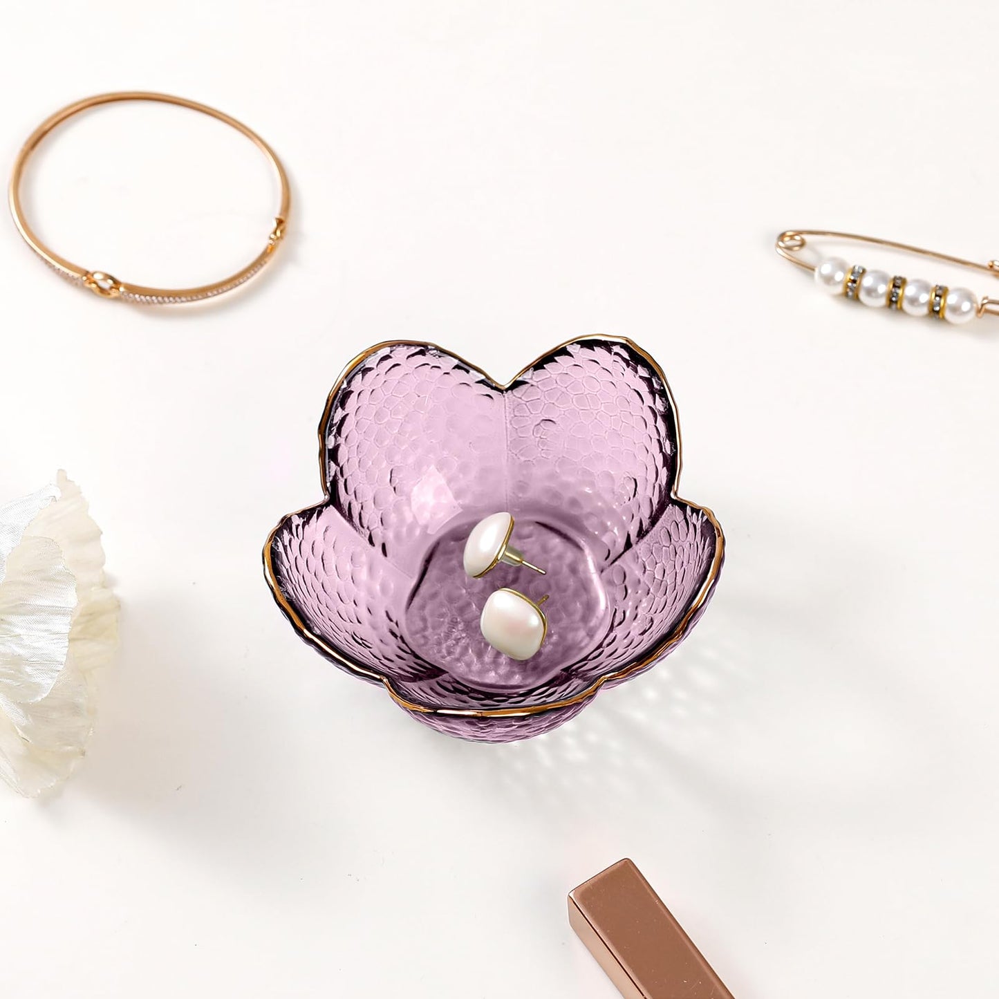 Purple Flower Jewelry Dish Glass Ring Holder Dish Jewelry Tray Cute Vanity Organizer Aesthetic Nightstand Bathroom Room Decor Trinket Dish Mothers Day Friendship Christmas Birthday Gifts for Women