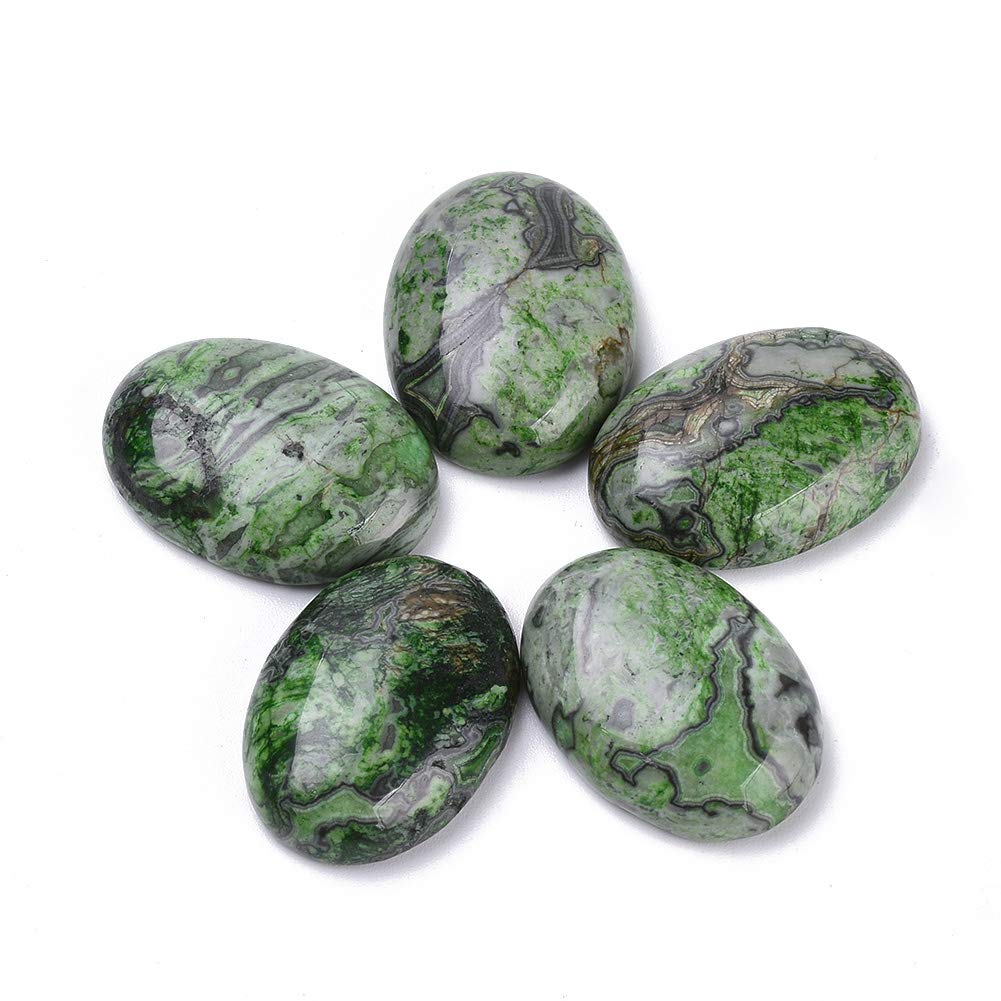 Fashewelry 20Pcs Natural Oval Green Ripple Jasper Flat back Gemstone Cabochons 25x18mm Healing Chakra Crystal Stone Bead Cab Covers No Hole for Jewelry Craft Making