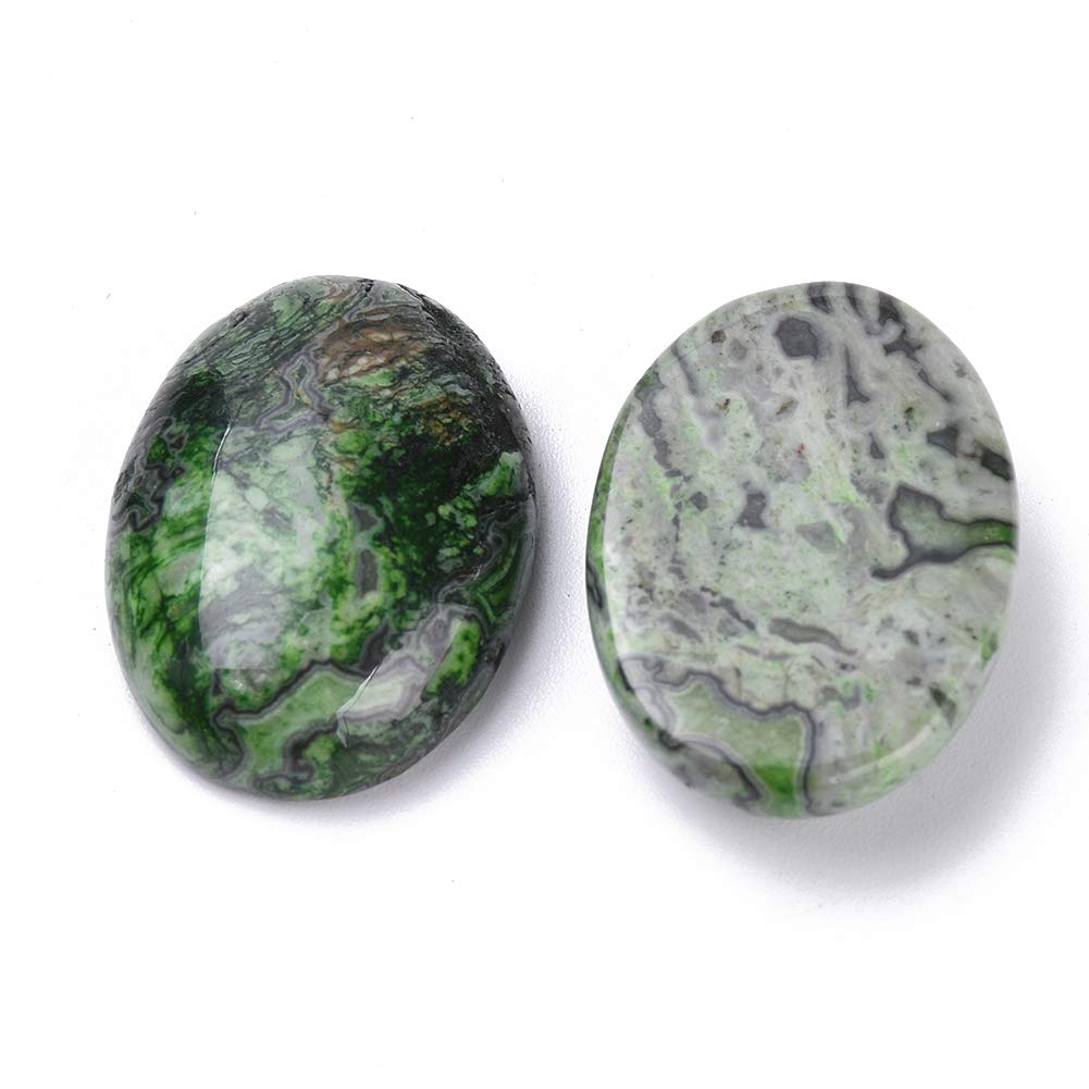 Fashewelry 20Pcs Natural Oval Green Ripple Jasper Flat back Gemstone Cabochons 25x18mm Healing Chakra Crystal Stone Bead Cab Covers No Hole for Jewelry Craft Making