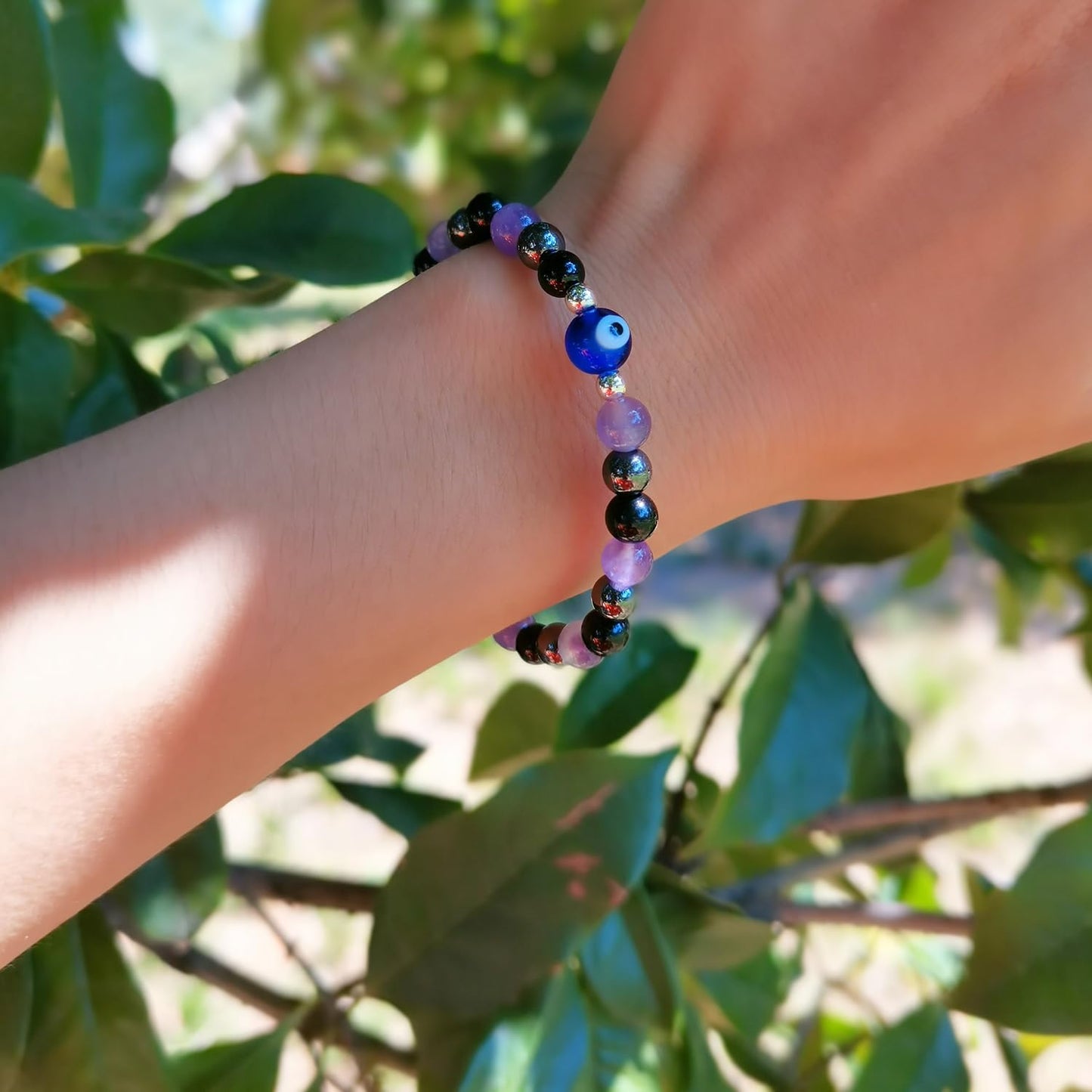 DLYFNVEV Empath Protection Bracelet Amethyst Black Tourmaline Hematite Triple Healing Anxiety Relief Crystal For Women Evil Eye Beaded Natural Stone Jewelry Gifts