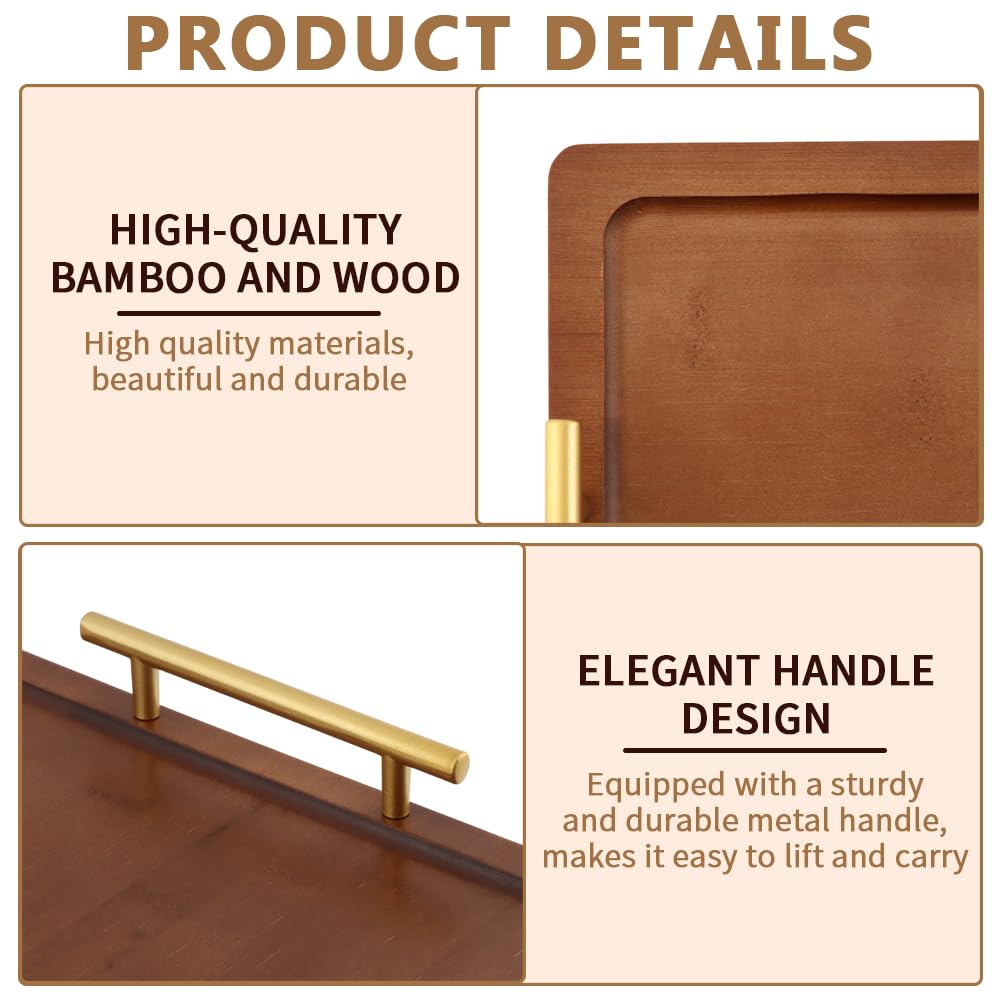 Wooden Serving Tray, 17x12In Wooden Food Drinks Tray with Metal Handles for Coffee Table, Breakfast, Dinner & Bar, Rustic Decorative Ottoman Tray for Kitchen, Parties