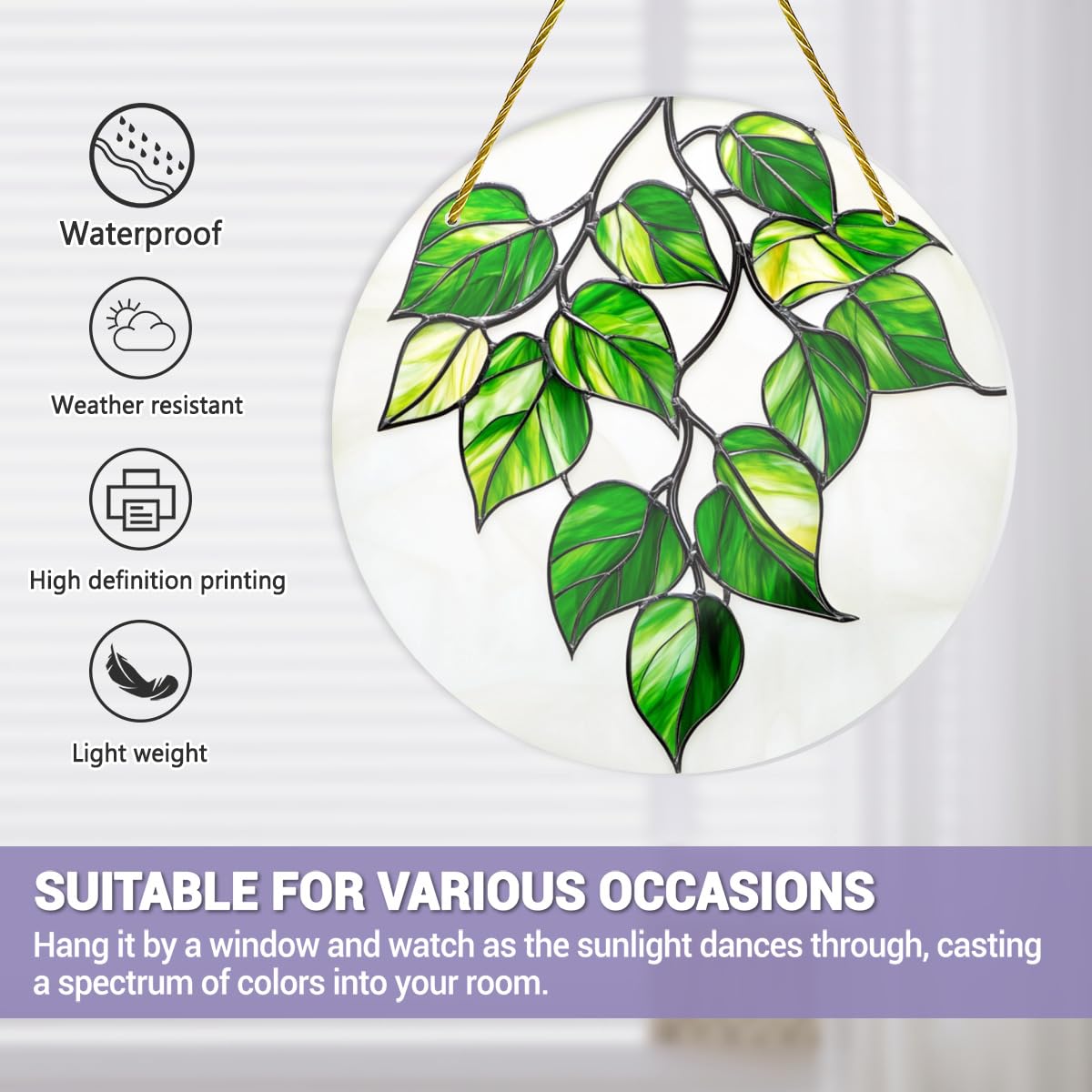 CDSASHCA Green Plants Shatterproof Acrylic Wall Art 6x6 Inch Nature Theme Decor for Living Room, Bathroom, Office Waterproof Stained Glass Panel with Leaf Patterns Easy Install Gift Idea