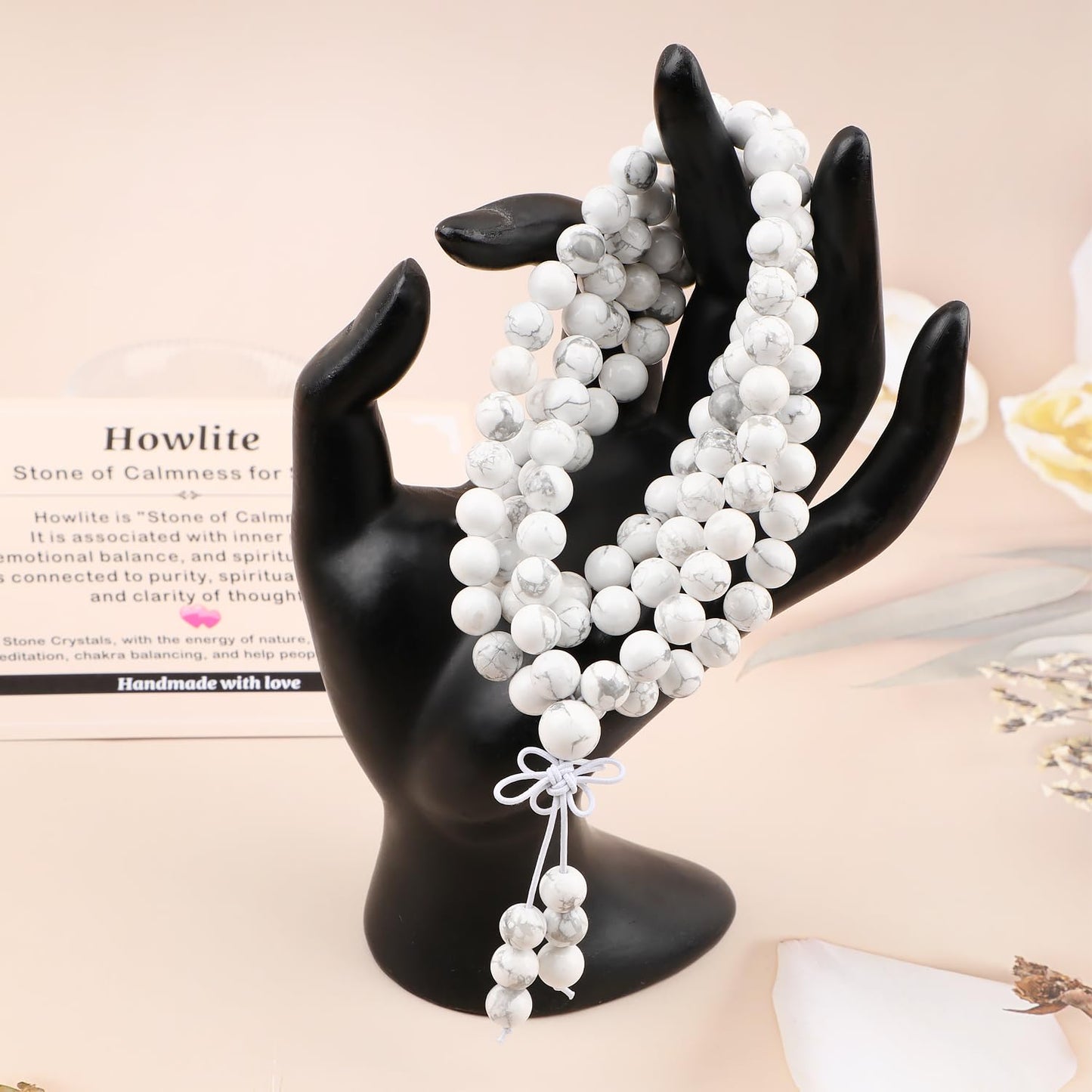 AD Beads 8mm 108 Prayer Mala Howlite Elastic Bracelet - Calmness for Sleep - Handmade Yoga Meditation Healing Power Energy Gifts for Unisex Adult.
