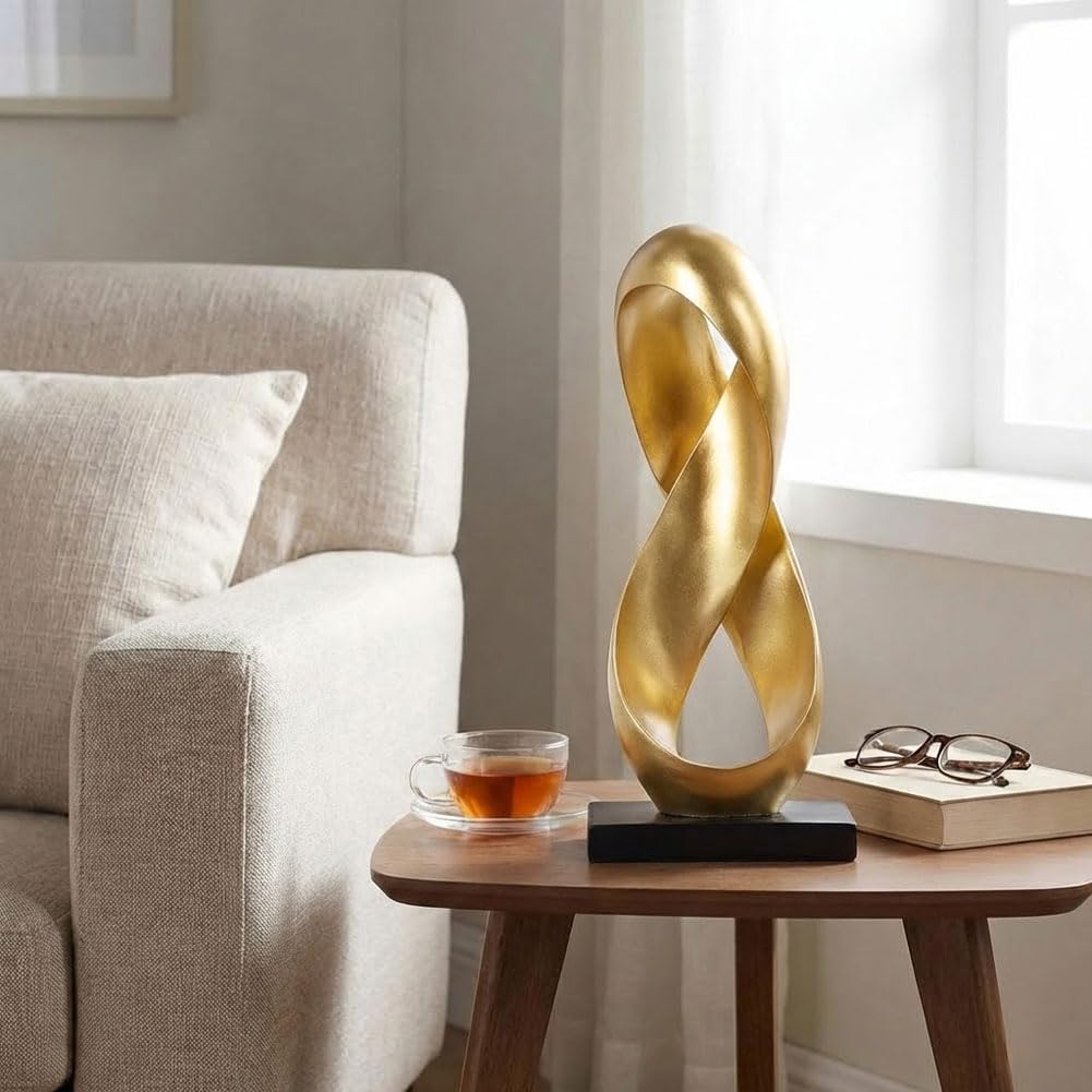 QIANLING 14.6" Tall Abstract Gold Knot Sculpture, Modern Resin Infinity Loop Statue, Modern Tabletop Decor for Coffee Table, Bookshelf, Mantel, Entryway, Living Room Office Accent Centerpiece
