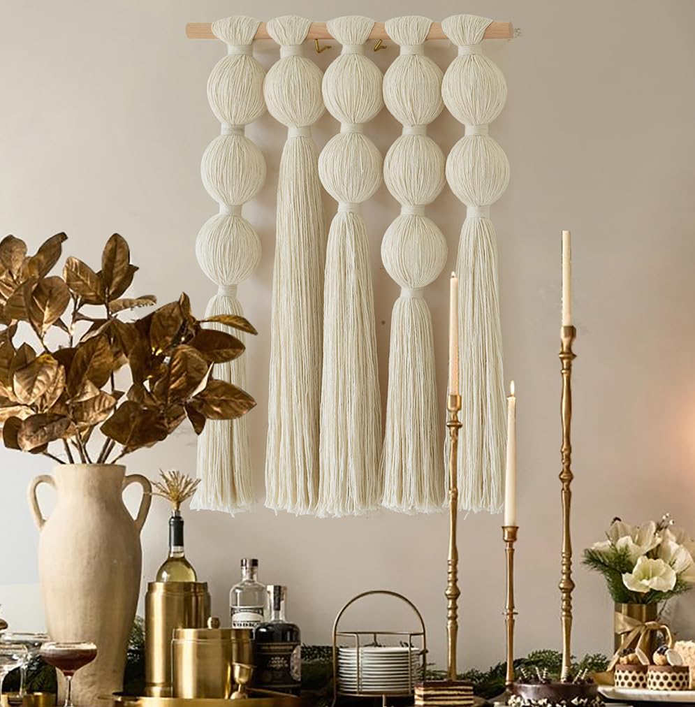 Flber Macrame Wall Hanging with Geometric Yarn Spheres, Handwoven Cotton Tassel Art for Boho Bedroom or Living Room Wall Decor 15.7" W x 19.6" L
