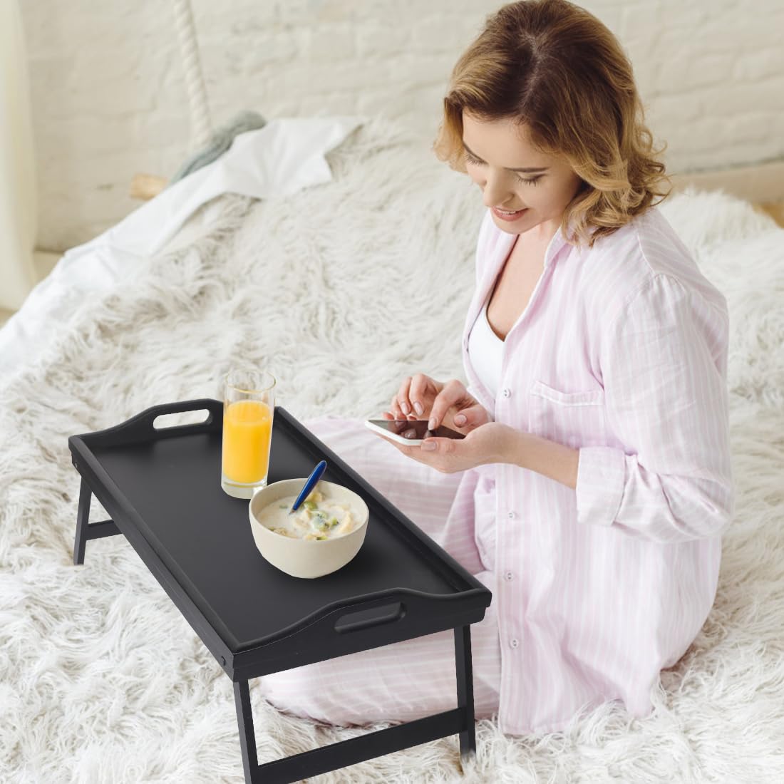 Jibanie Multi-Purpose Bamboo Wood Lap Desk - Folding Legs, Breakfast Food Tray, Serving Dinner Tea TV Tray - Lightweight, Minimalist Black