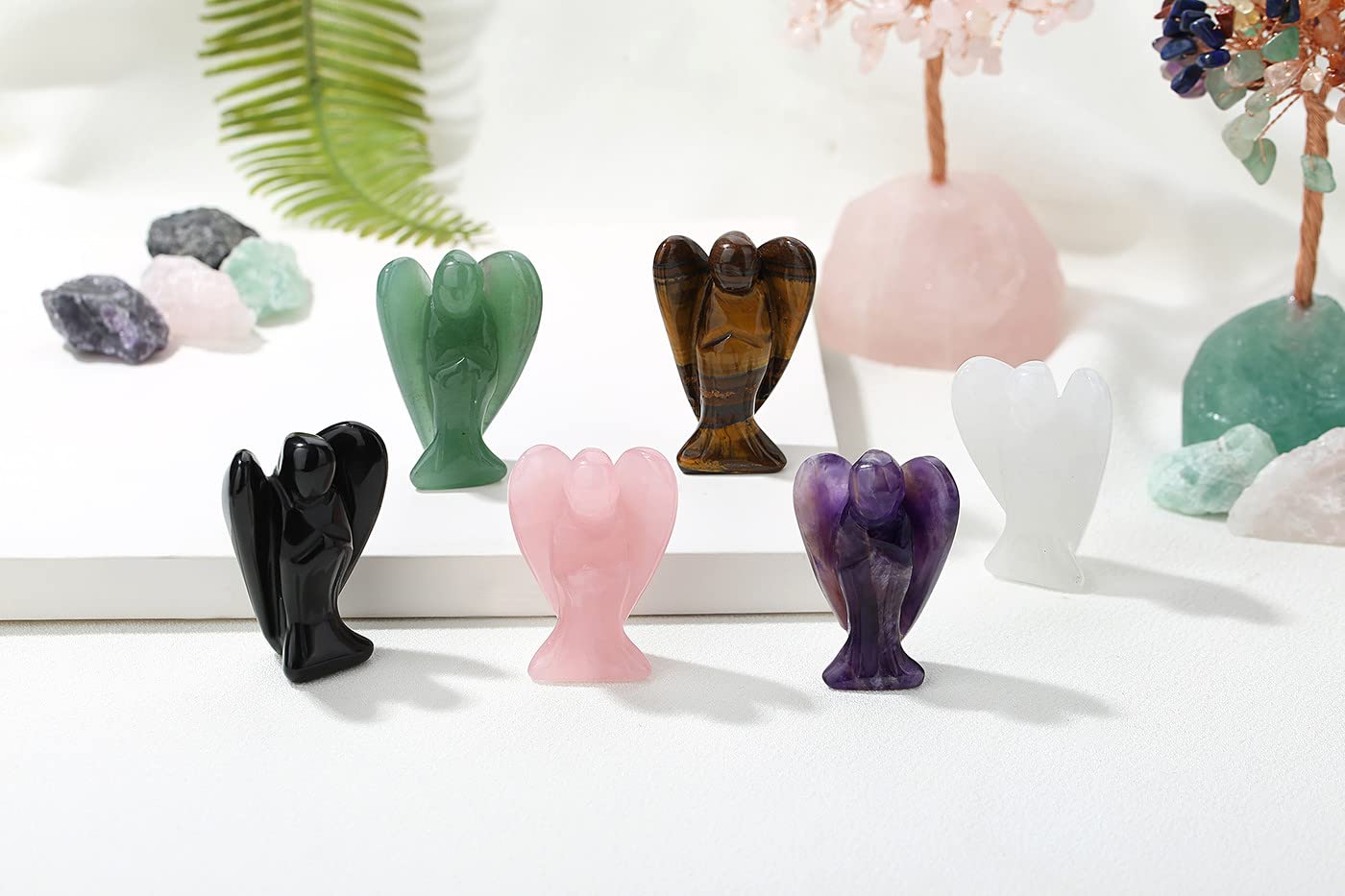 YATOJUZI 2" Clear Quartz Angel Decor Healing Crystals Polished Natural Stone Sculpture Statue Hand Carved Cute Figurines Energy Reiki Home Room Office Desk Decoration Guardian Gifts for Women Men