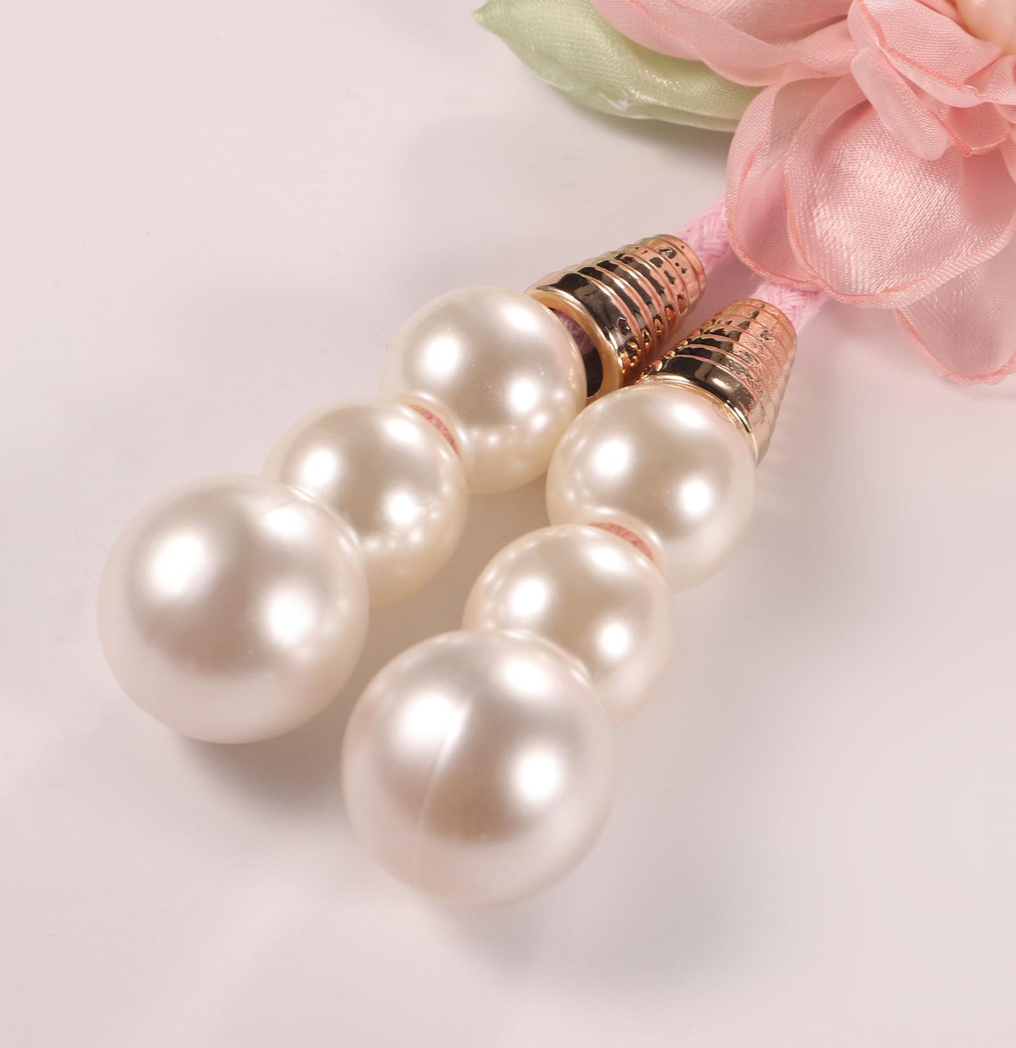 Adjustable Curtain Tiebacks， 4-Pack Hand-Woven Rope with Silk Flower & Pearl， Decorative Window Cord Holders for Drapery， Long Loop Design for All Curtain Thickness (Pink)