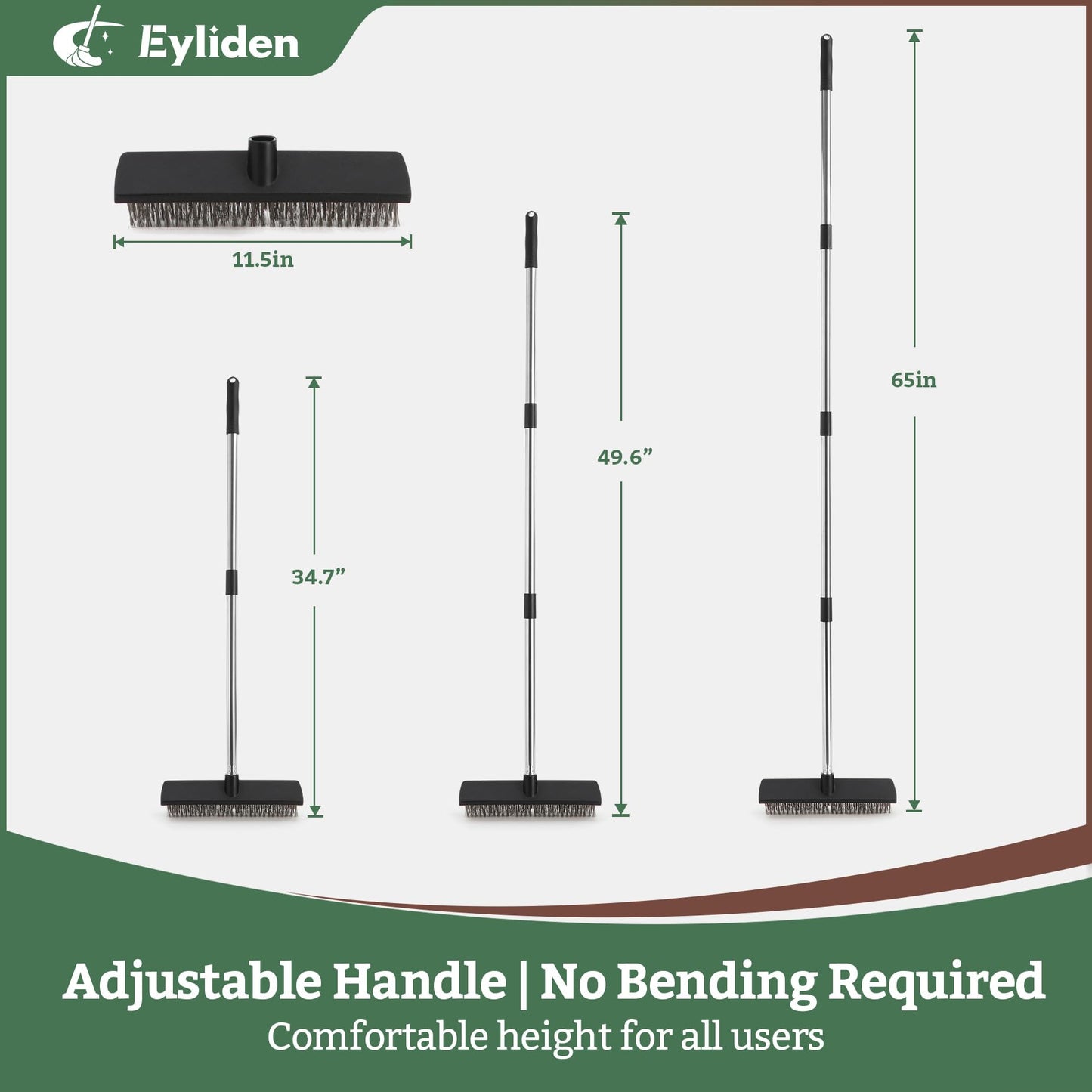 Eyliden Push Broom, Heavy Duty Moss Wire Scrub Brush with Stainless Steel Bristles, 65" Long Handle, Scrubber Brush for Deck, Floor, Concrete, Roof, Patio, Pool Outdoor Cleaning