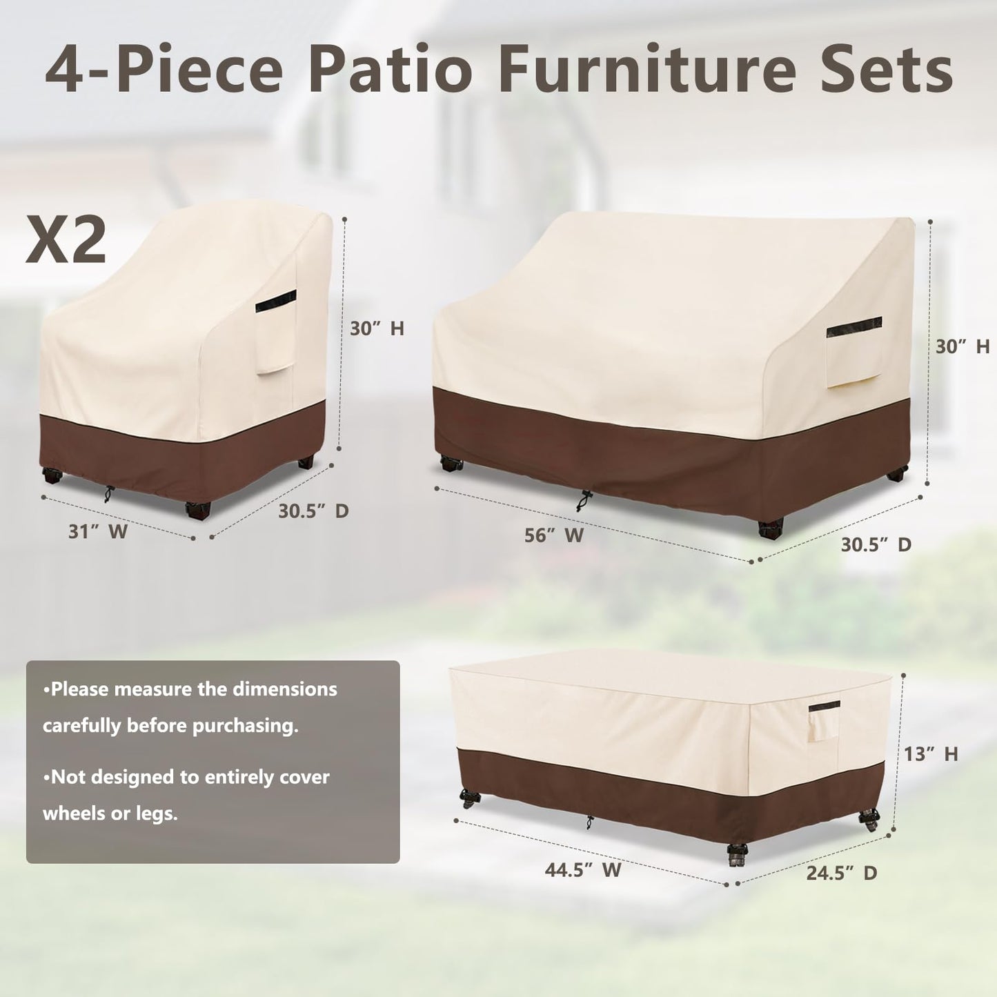 Rileytee Outdoor Furniture Set Cover, 4 Pcs 600D Heavy Duty 100% Waterproof Patio Furniture Covers,Fit Patio Loveseat,2 Chair and Coffee Table (Beige & Brown,Small)
