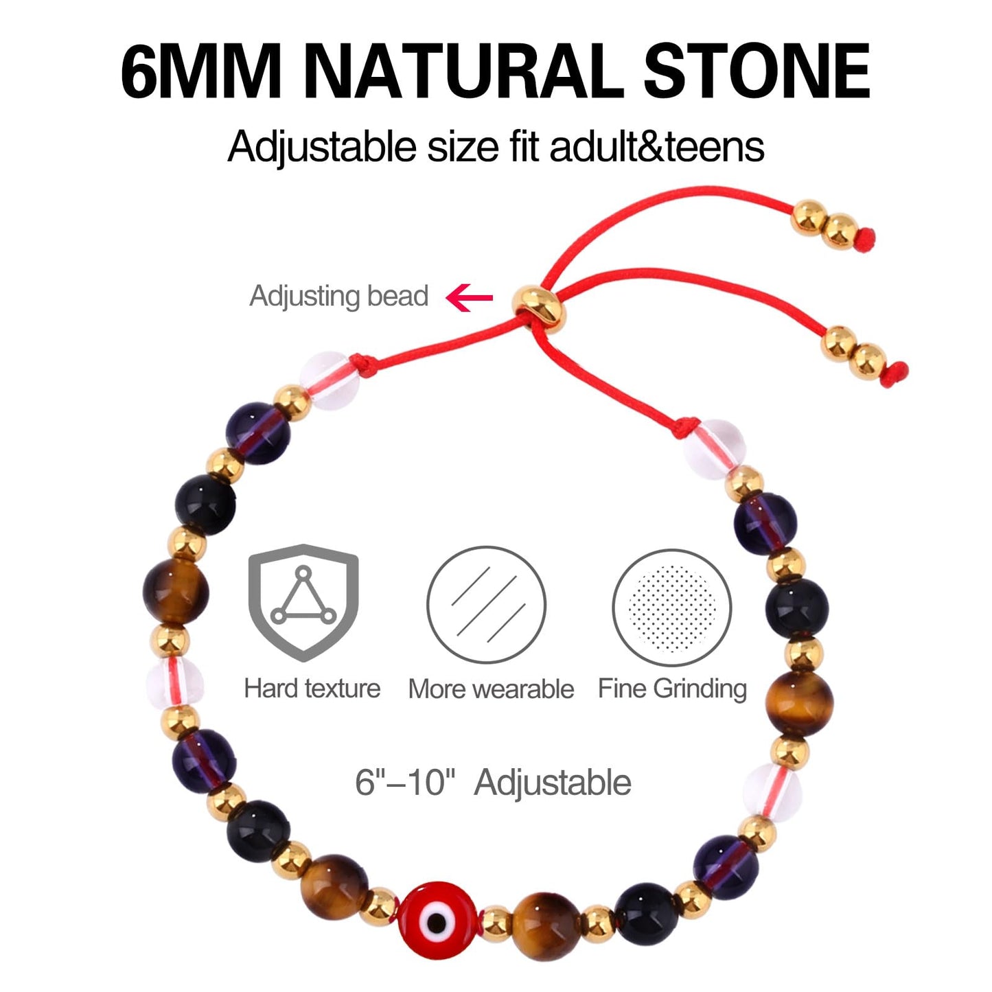 Cute Evil Eye Bracelet Red Black - Natural Crystal Protection Adjustable Spiritual Guardian Jewelry- 5 Healing Stones Clear Quartz Amethyst Black Tourmaline Tiger Eye Bracelet Adjustable (Red Eye-Red Rope)