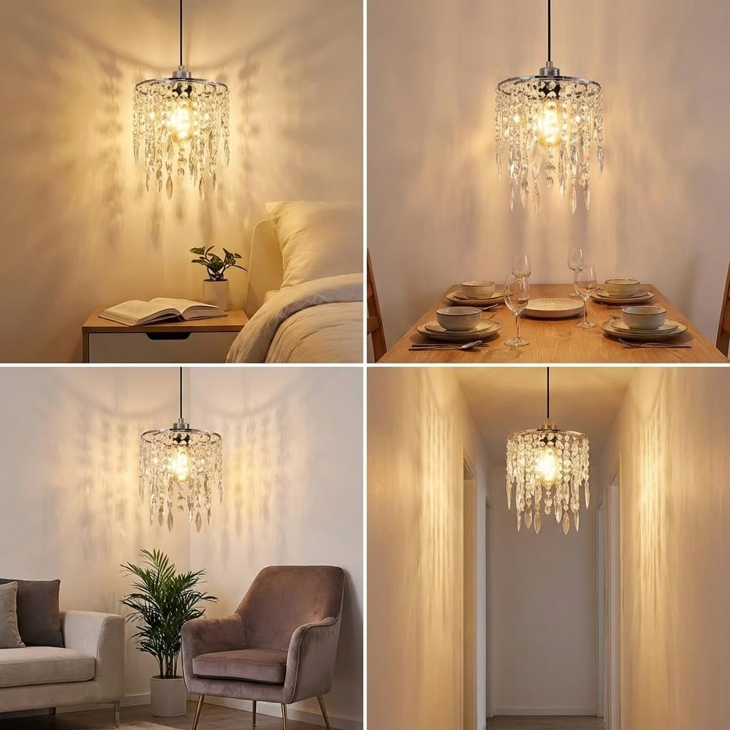 H11.81''X D8.66'' Chandelier Shades, Mini Crystal Shade, Acrylic Beaded Hanging Lampshade, Modern Pendant Light Shades, Sparkling Ceiling Decor for Bedroom, Hallway, Bar, Kitchen, Bathroom, 2-Tiers