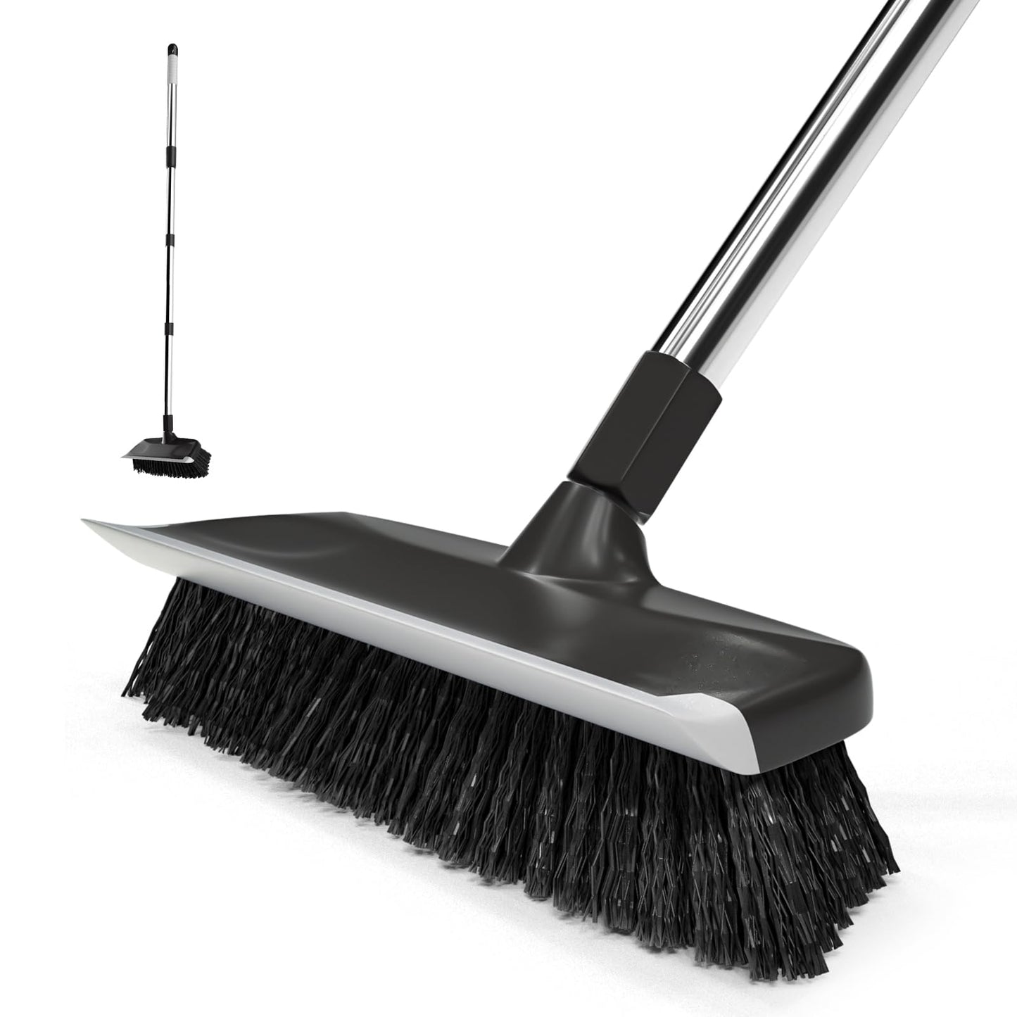 ITTAR Floor Scrub Brush with 55" Long Handle, 10" Wide Stiff Bristles Deck Brush, Stainsless Steel Pole Heavy-Duty Cleaning Brush, 2-in-1 Scrubber with Ruber Squeegee for Deck, Patio, Pool, Tile, Wall