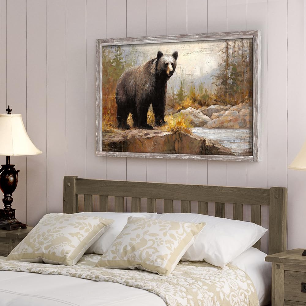 Framed Bear Picture Wall Art: Large Wild Animal Prints Woodland Wildlife Artwork Rustic Farmhouse Wood Painting for Living Room Bedroom
