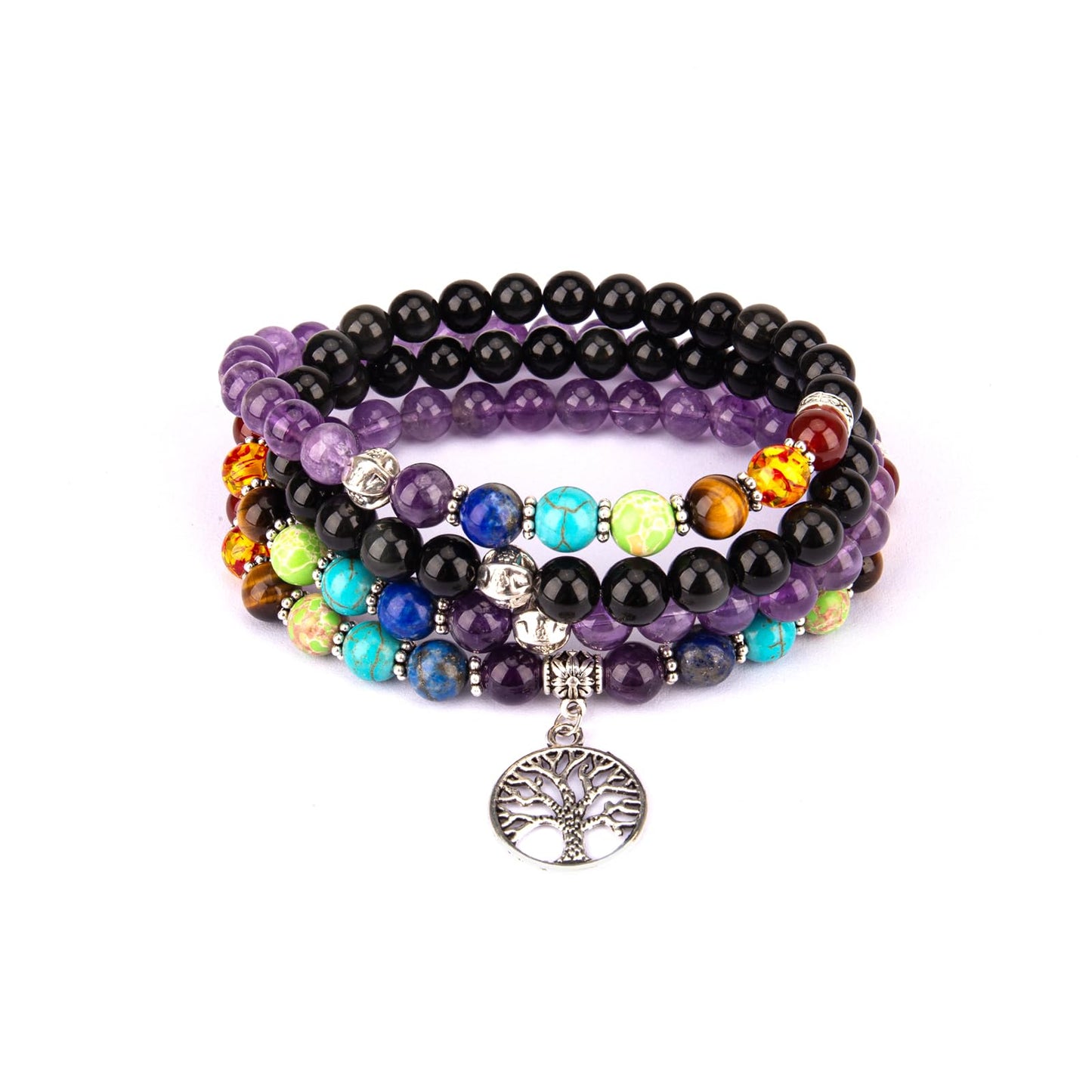 PWMENLK 108 Mala Beads Meditation Necklace 7 Chakra Buddhist Prayer Beaded Bracelet Tree of Life Pendant Necklace Healing Stone Yoga Necklace Women Men Bracelets(Amethyst&Obsidian)