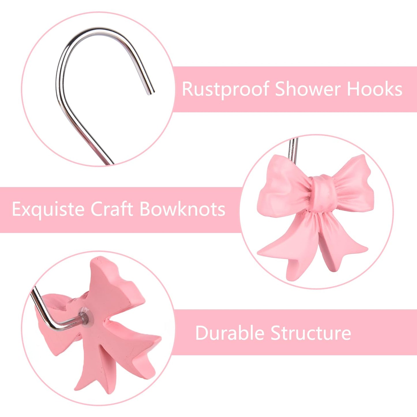 12pcs Bow Knot Shower Curtain Hooks,Home Decorative Shower Curtain Rings for Bathroom,Resin Shower Curtain Hangers Bathroom Accessories (Pink)