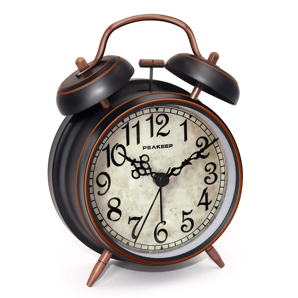 Peakeep Retro 4.5 inches Battery Operated Twin Bell Loud Alarm Clock (Black with Arabic)