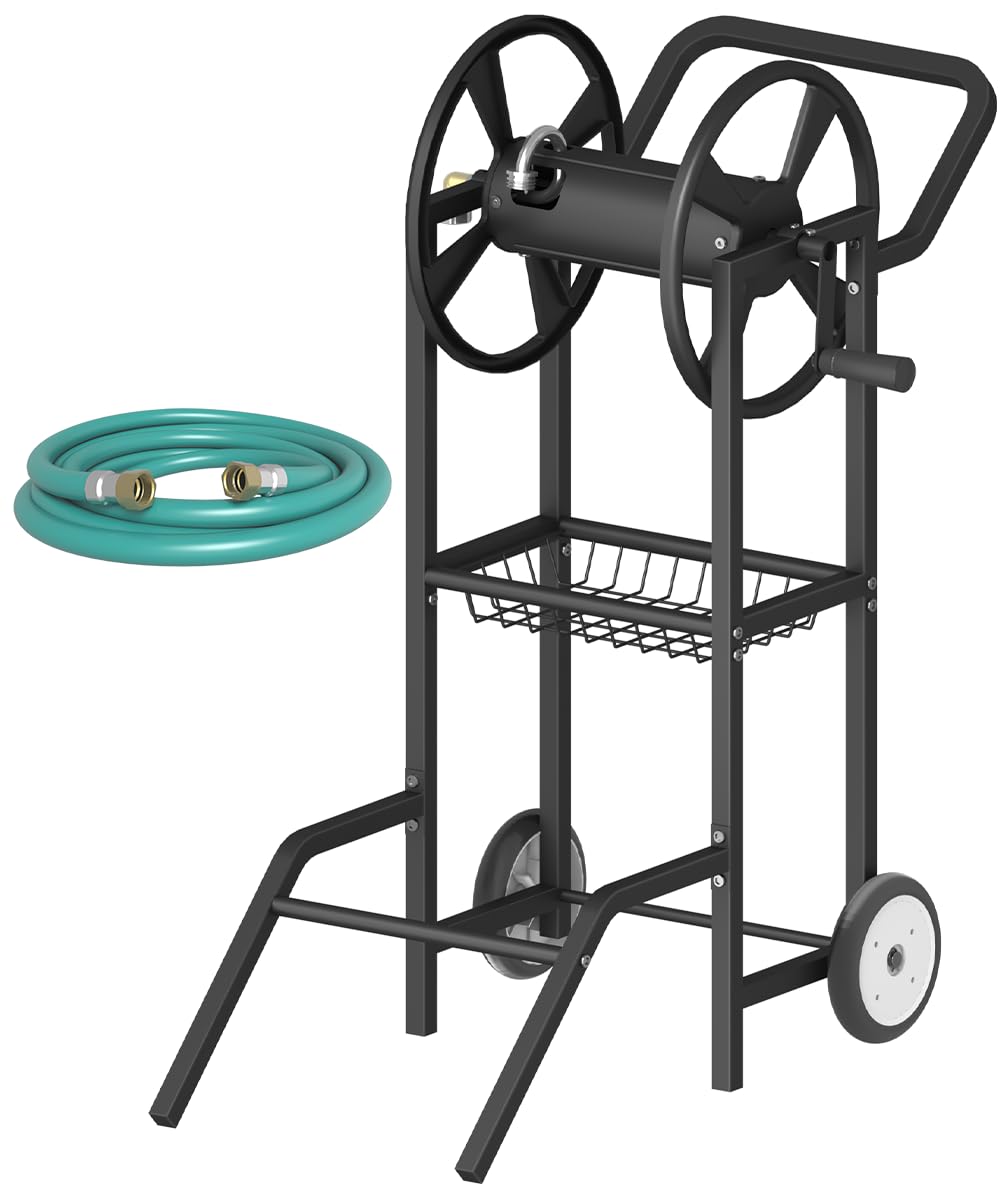 Artigarden Hose Reel Cart with 2 Wheels, Garden Water Hose Holder Heavy Duty Powder Coated Steel Outdoor Winder Storage Holds 125 ft 5/8" Hoses with Basket and 3.9ft Leader Hose for Backyard, Black