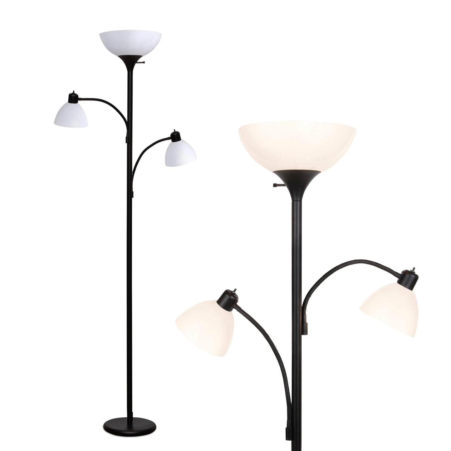 Brightech Sky Dome Double LED Floor Lamp, Torchiere Super Bright Floor Lamp with 2 Reading Lamps for Living Rooms & Offices - Dimmable Tall Standing Lamp for Bedroom Reading - Tall Black Pole