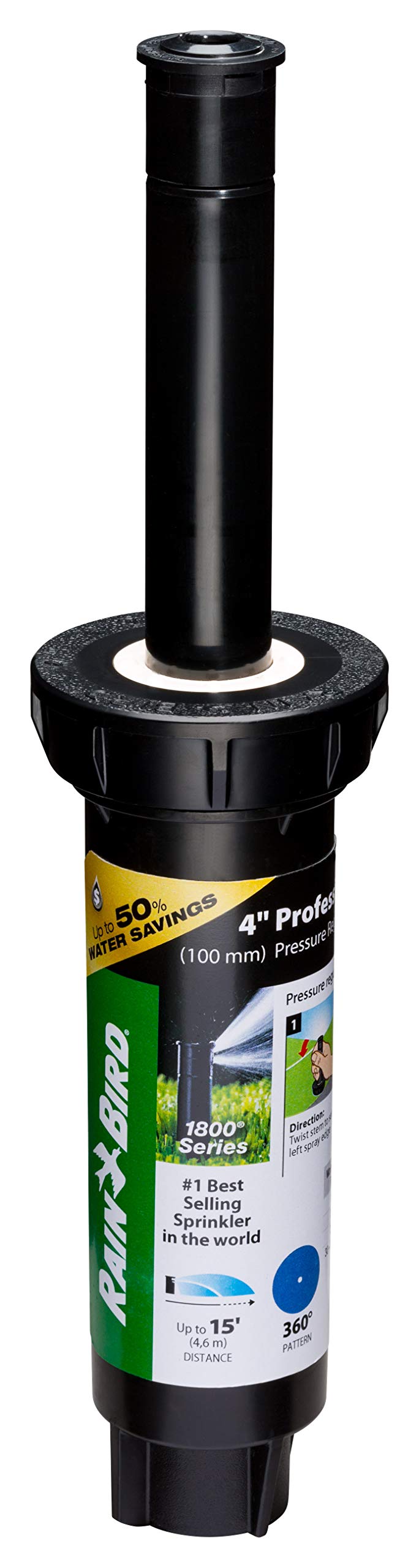 Rain Bird 1804FDSP25 Pressure Regulating (PRS) Professional Dual Spray Pop-Up Sprinkler, 360° Full Circle Pattern, 8' - 15' Spray Distance, 4" Pop-up Height