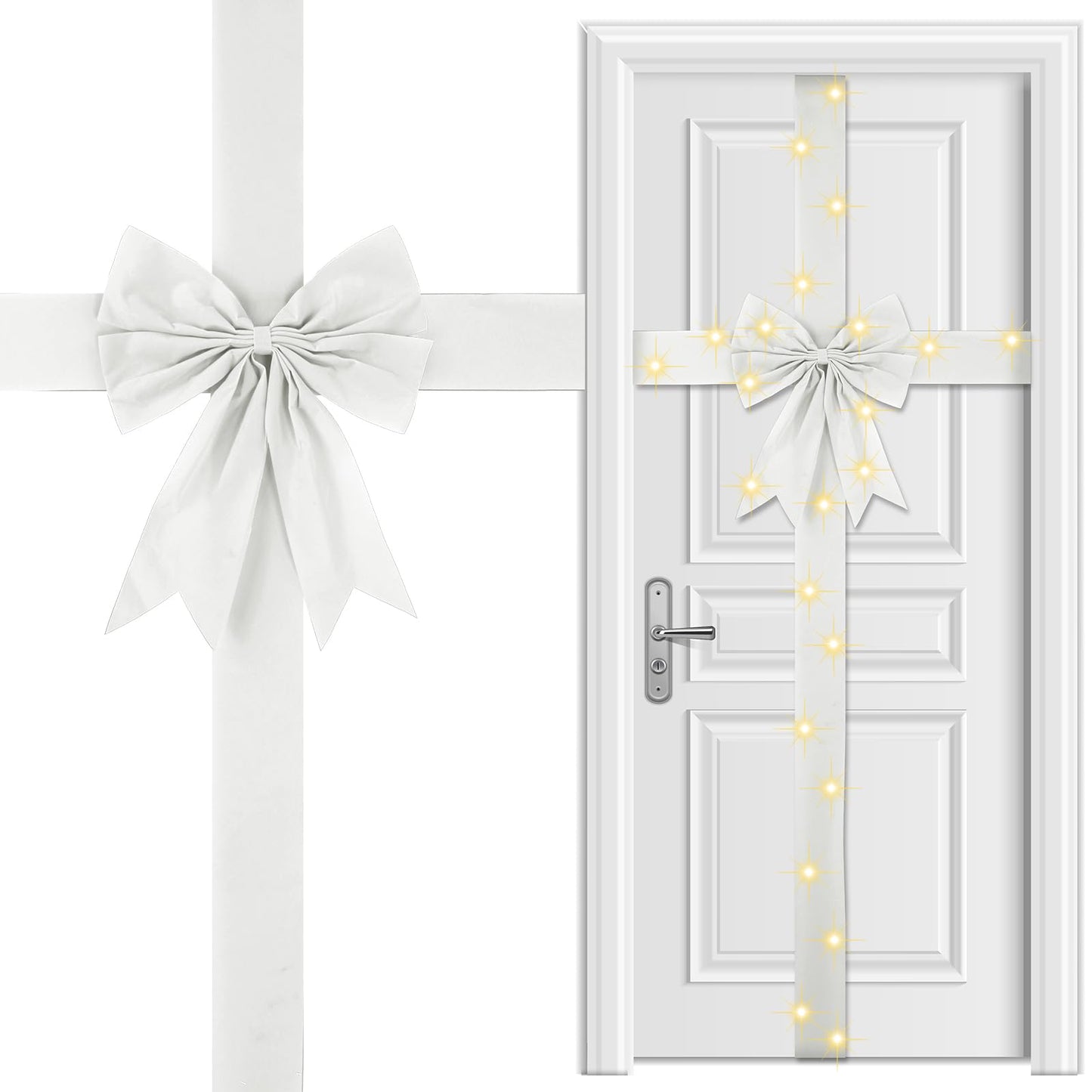 Spiareal Large Christmas Front Door Ribbon Bow with LED 14.1ft Velvet Christmas Cabinet Glowing Bows Decorations Xmas Tree Decor Festival Wrapping Decorations for Fireplace Home Front Door(White)