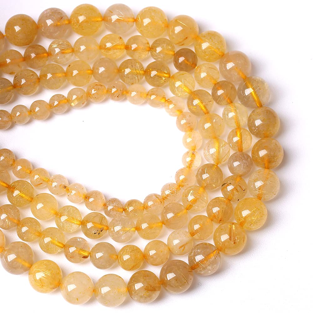10mm 36pcs A+ Natural Gold Rutilated Quartz Crystal Stone Beads for Jewelry Making DIY Bracelet Necklace 15" Energy Healing Power Stone Beads (Gold Rutilated Quartz, 10mm)