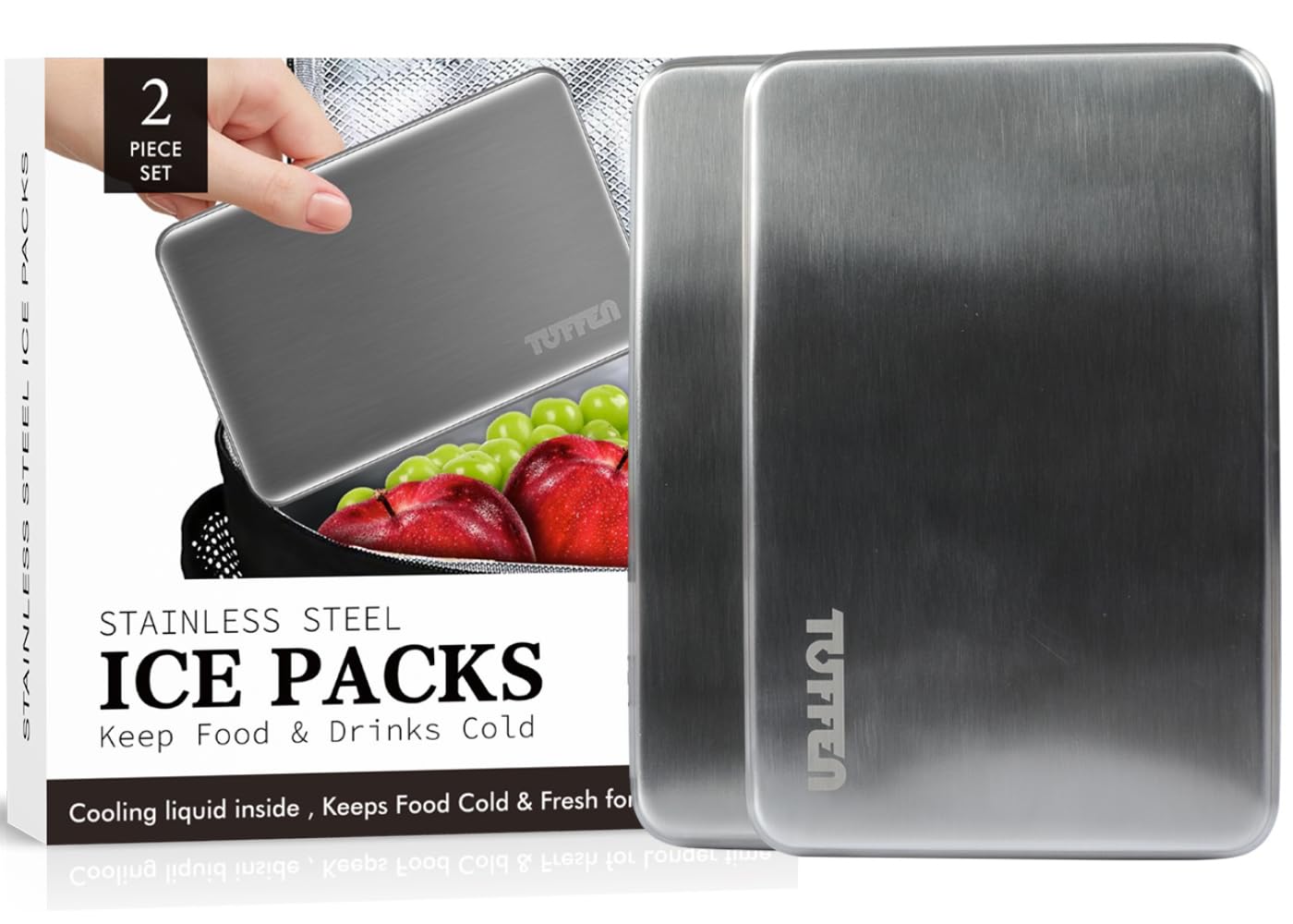 Tuffen Ice Packs for Lunch Boxes, Stainless Steel Cooling Pack for Cooler, Quick Freeze Long-Lasting Reusable Ice Pack, Multi Use Cooler Accessories for Hiking, Camping and Fishing(2 Packs)