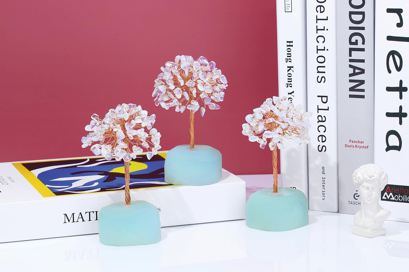 QINJIEJIE Opal Healing Crystals Tree of Life Decor - Natural Crystal Stone Reiki Gemstone White Opalite Base Copper Wire Home Office Decorations Spiritual Feng Shui Gift
