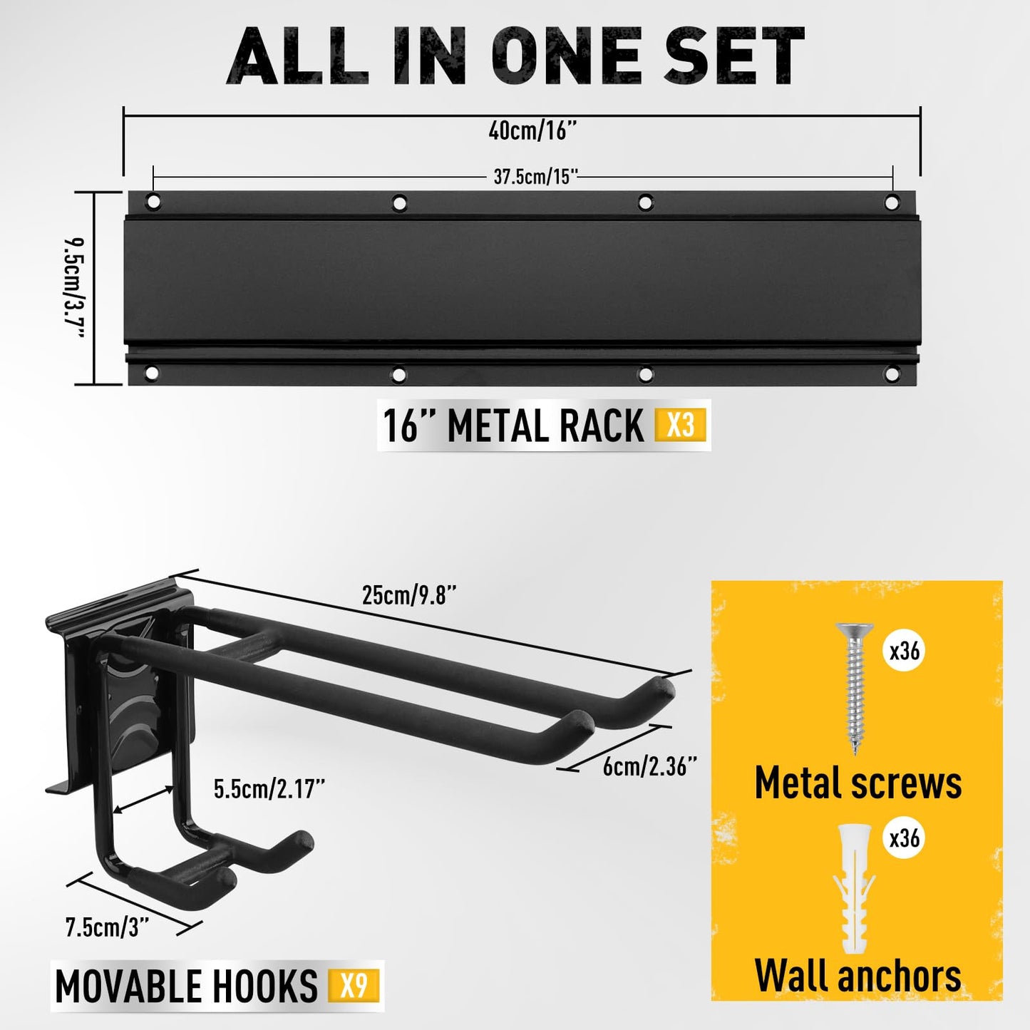ELEAD 9-Pairs Heavy Duty Garage Tool Organizer Wall Mount Hooks, 48 Inches 730 lbs Garden Tool Organizer with Adjustable Hooks, Yard Tools Organizers for Garden, Yard, and Shed